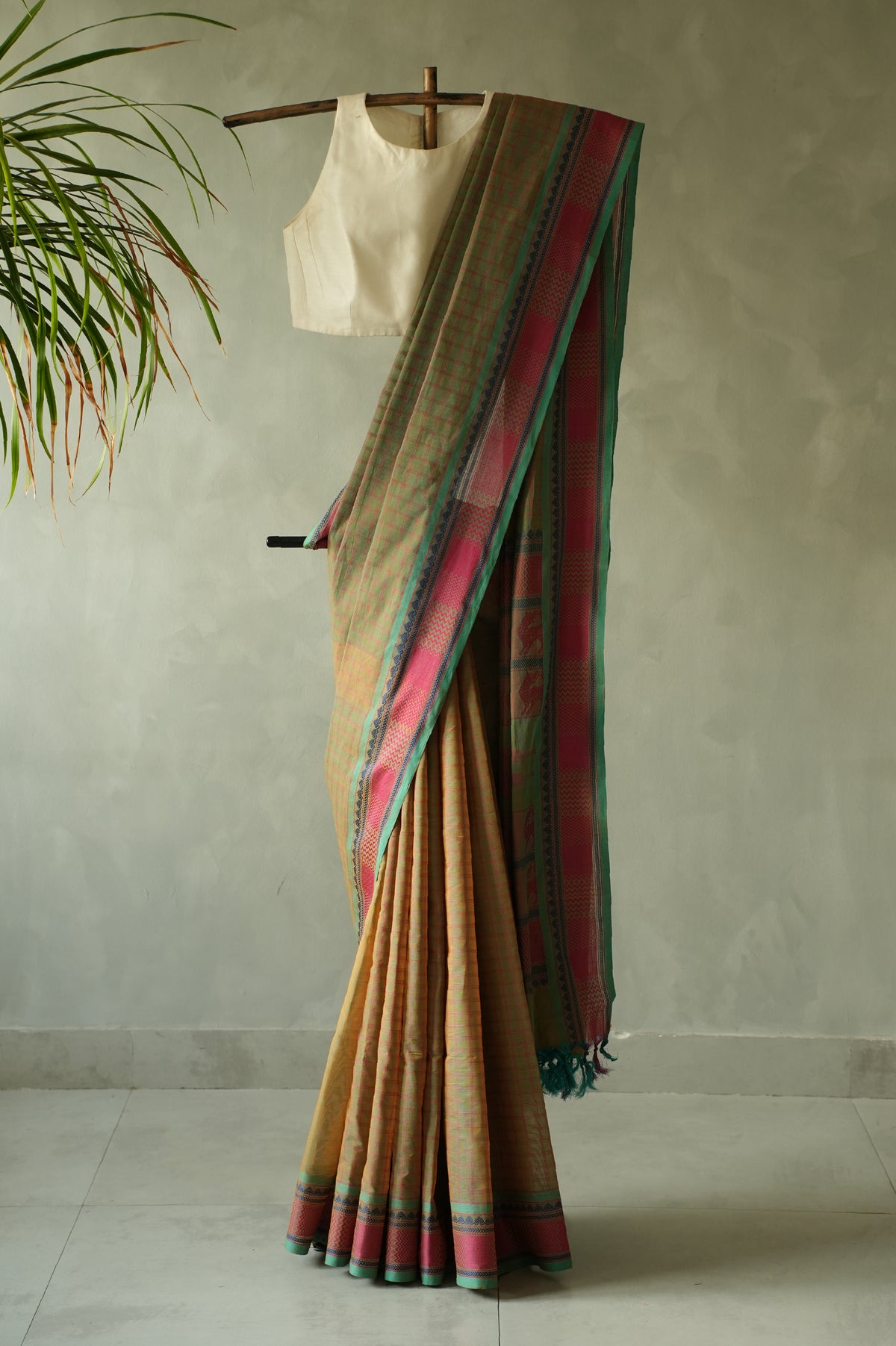Olive Green Kanchi Cotton With Light Blue And Pink Border Saree