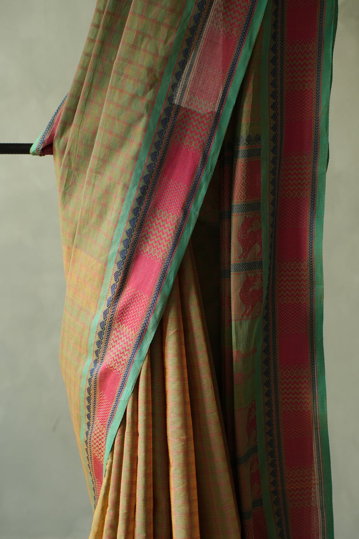 Olive Green Kanchi Cotton With Light Blue And Pink Border Saree
