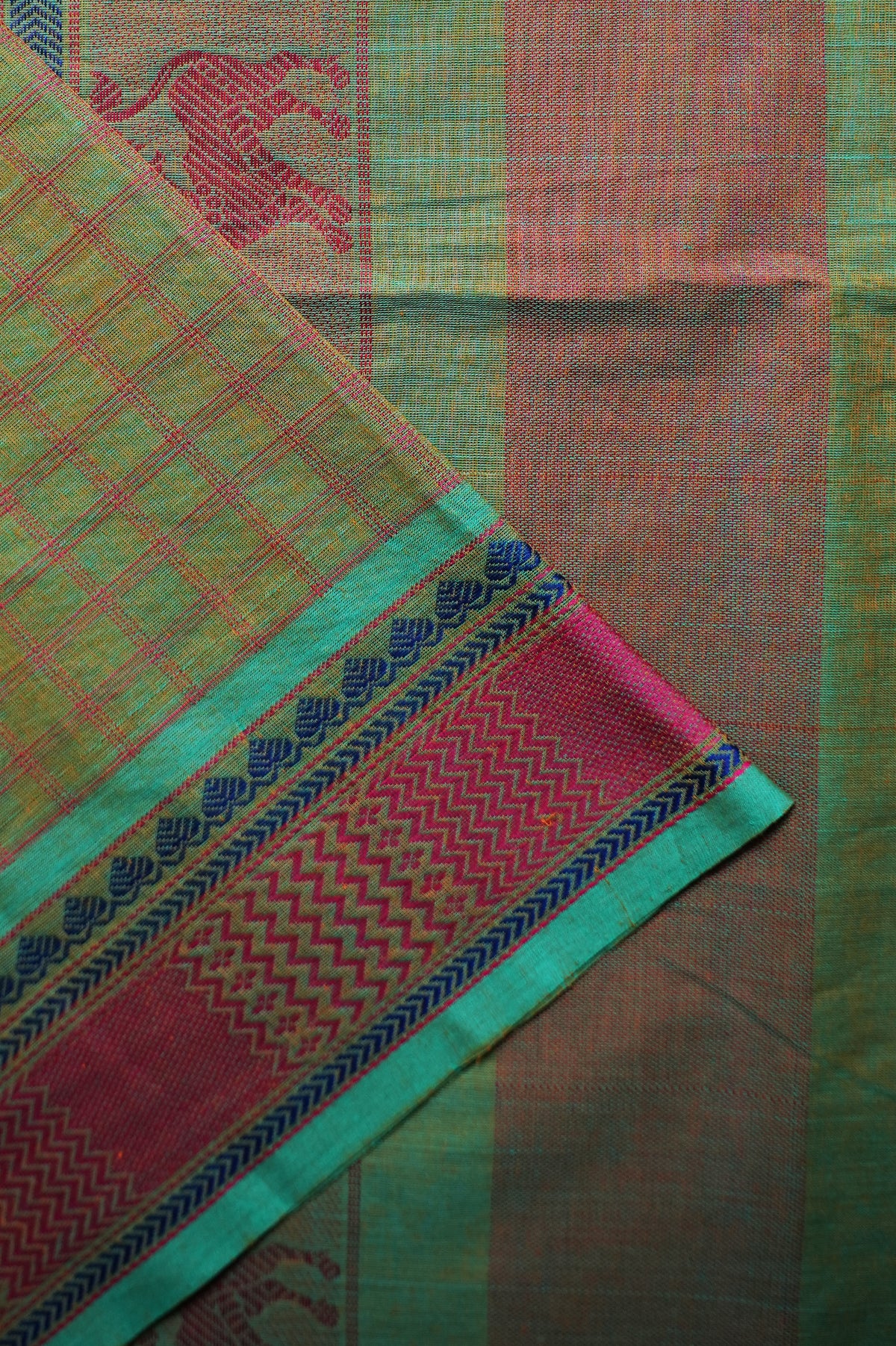 Olive Green Kanchi Cotton With Light Blue And Pink Border Saree