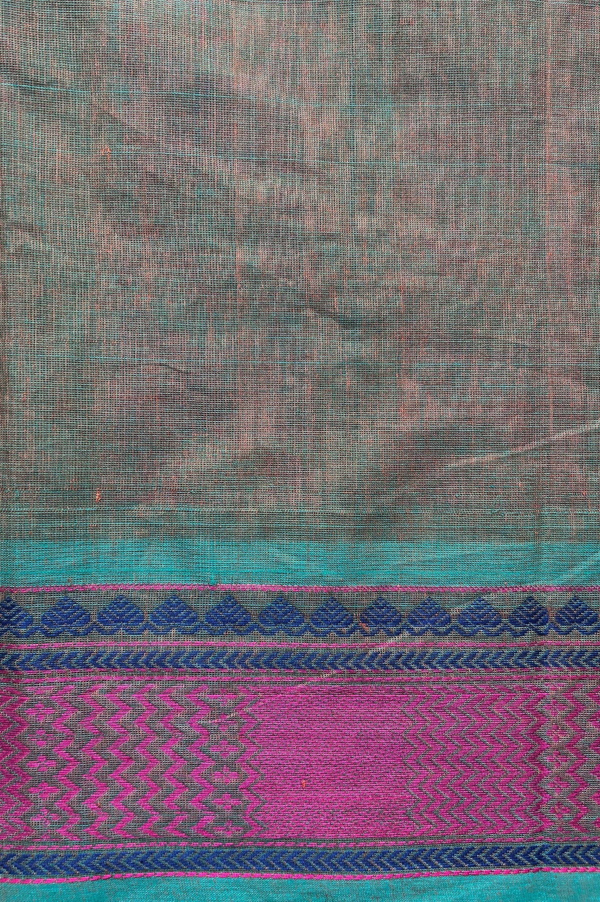 Olive Green Kanchi Cotton With Light Blue And Pink Border Saree