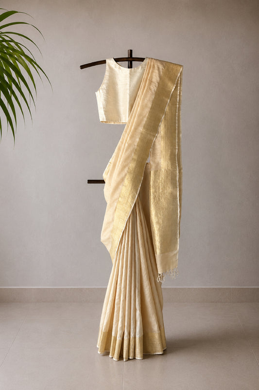 Off White Tussar Silk Saree with Gold Zari Border