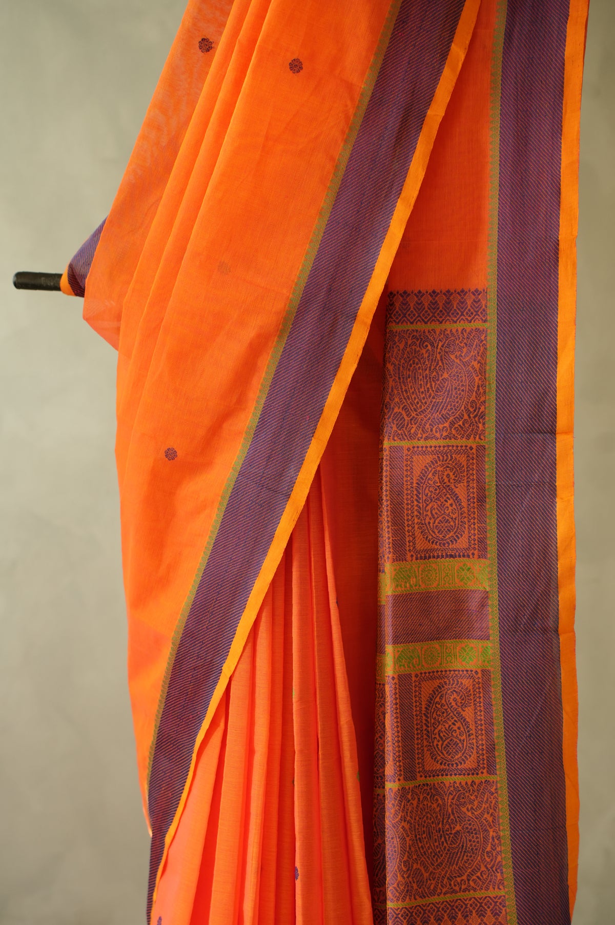 Fanta Orange Kanchi Cotton with Violet and Leaf Green Border Saree