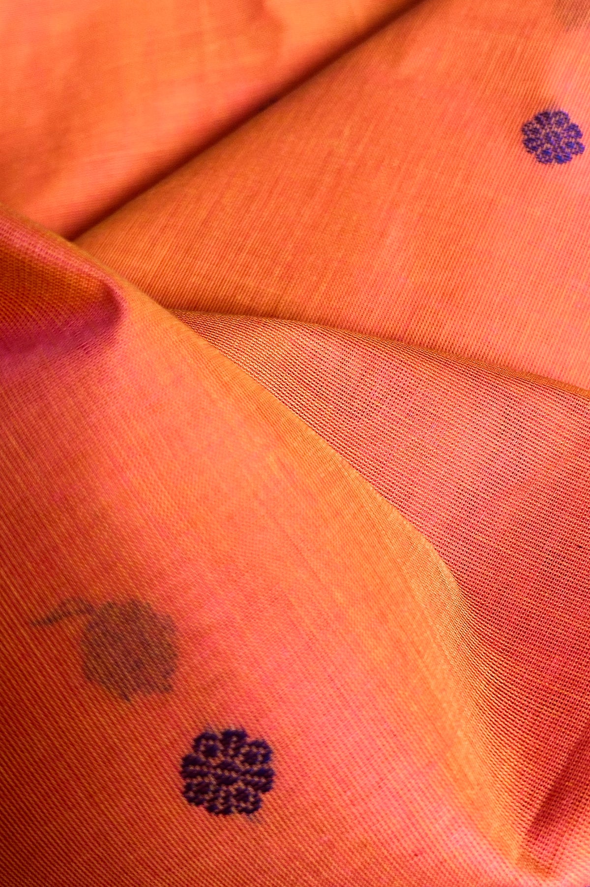 Fanta Orange Kanchi Cotton with Violet and Leaf Green Border Saree