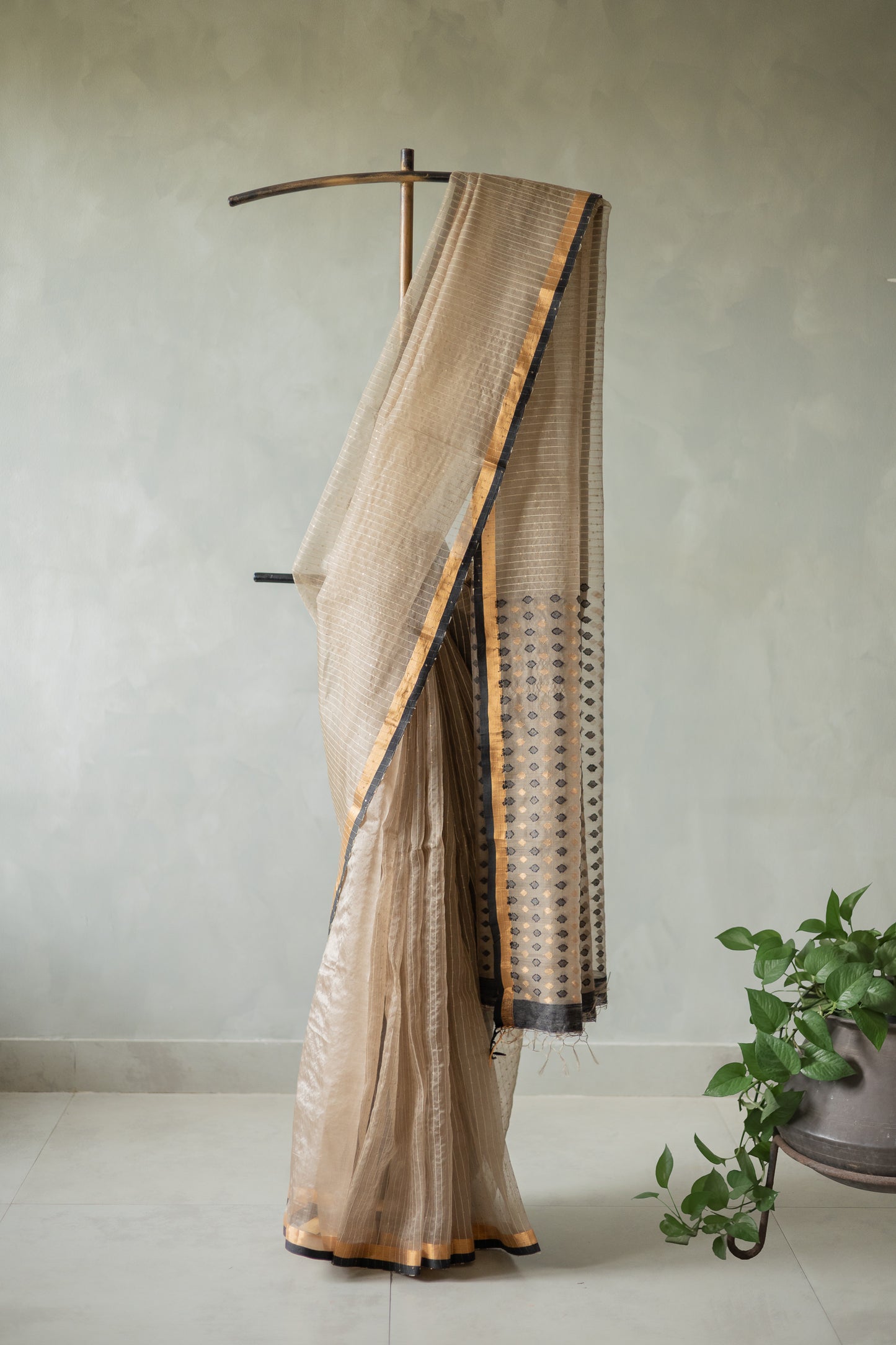 Light Brown Organza Silk Cotton and Sequins Woven Saree