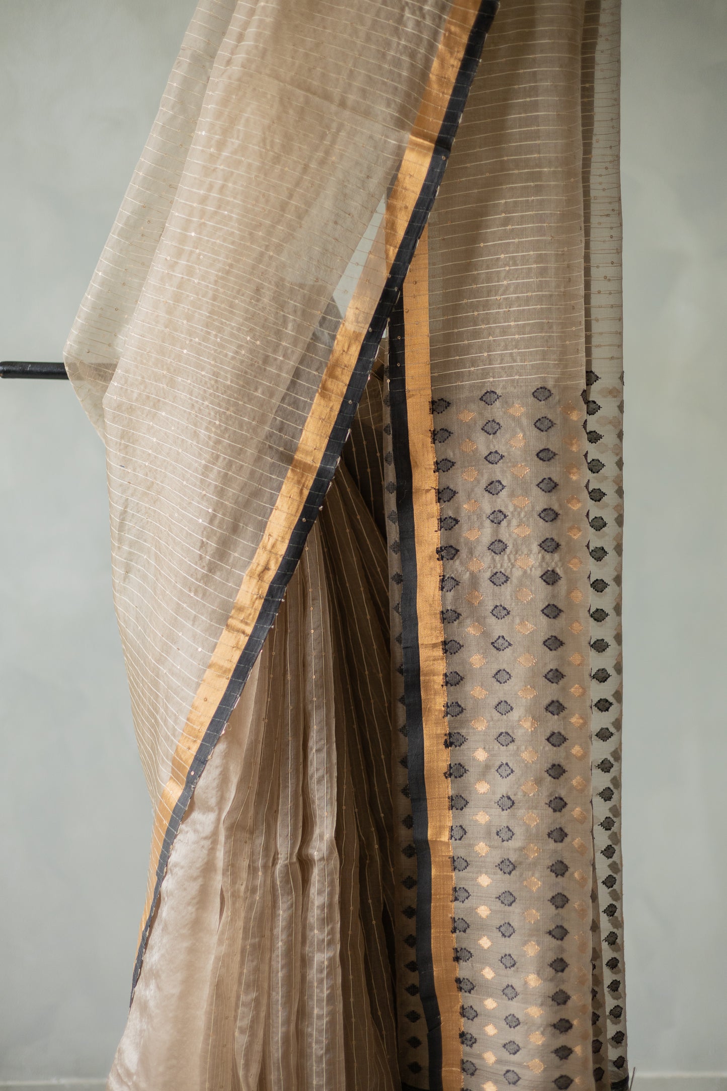 Light Brown Organza Silk Cotton and Sequins Woven Saree