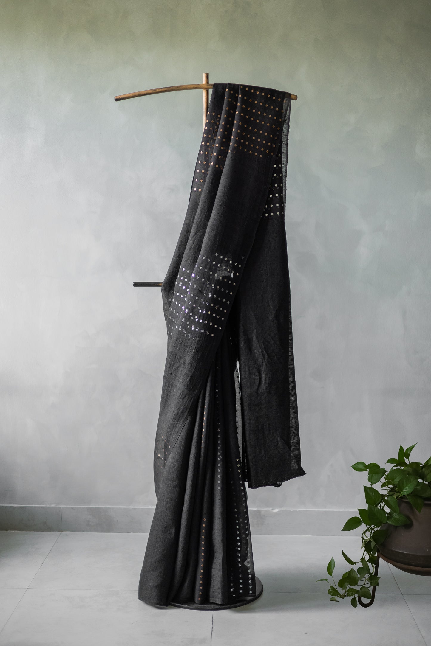 Black Organza Silk Tussar with Gold and Silver Sequence Saree