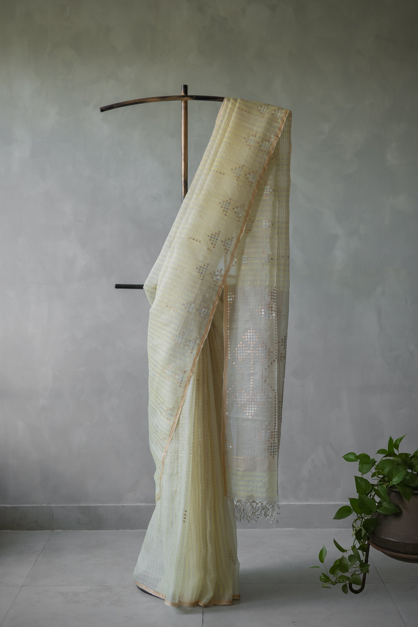Light Yellow Organza Silk Cotton with Patterned Sequins Saree