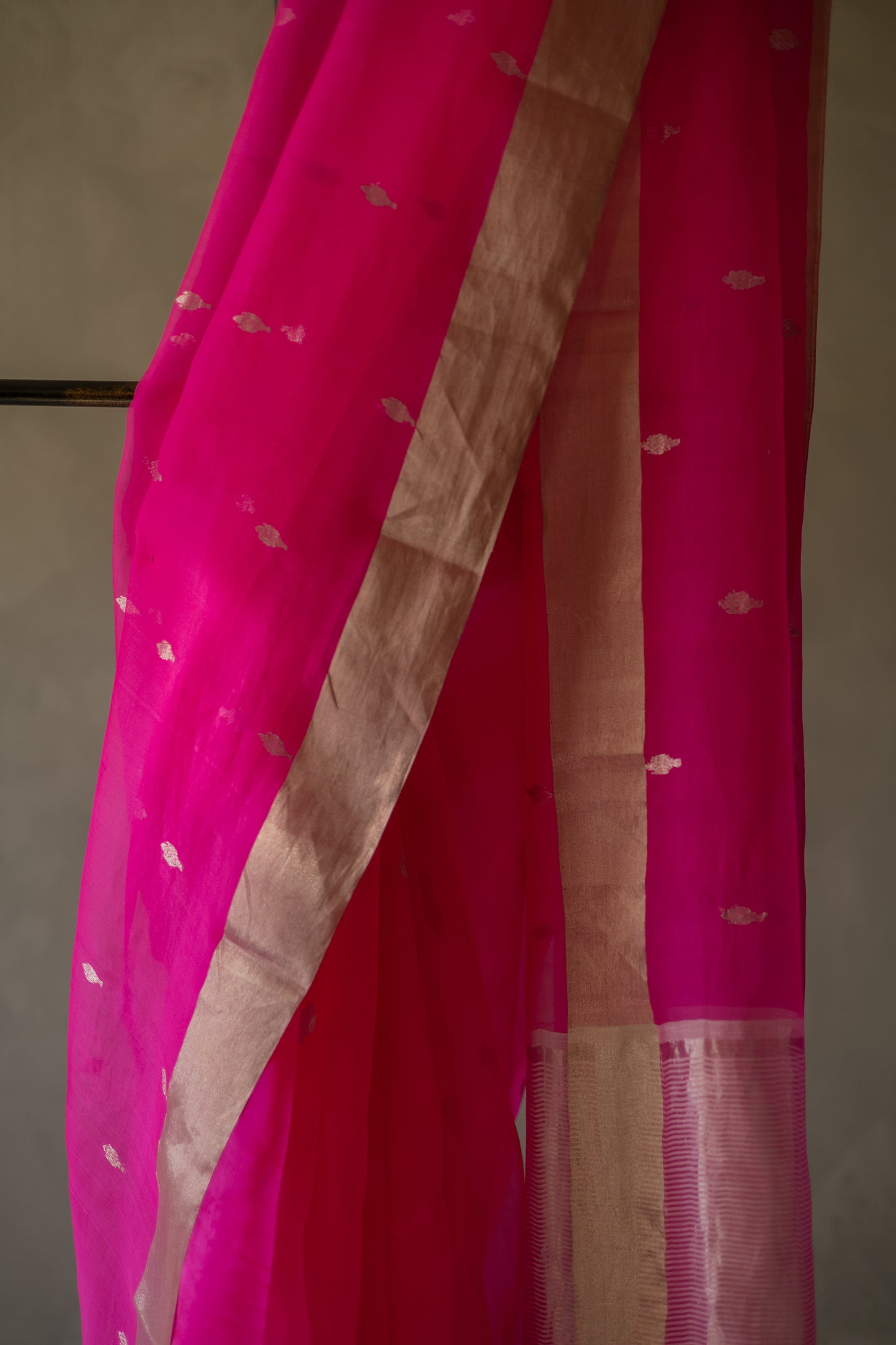 Hot Pink Organza Tissue with Silver Motif and Border Saree