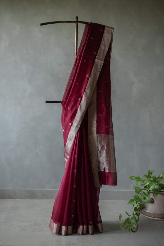Maroon Organza Tissue with Silver Motif and Border Saree
