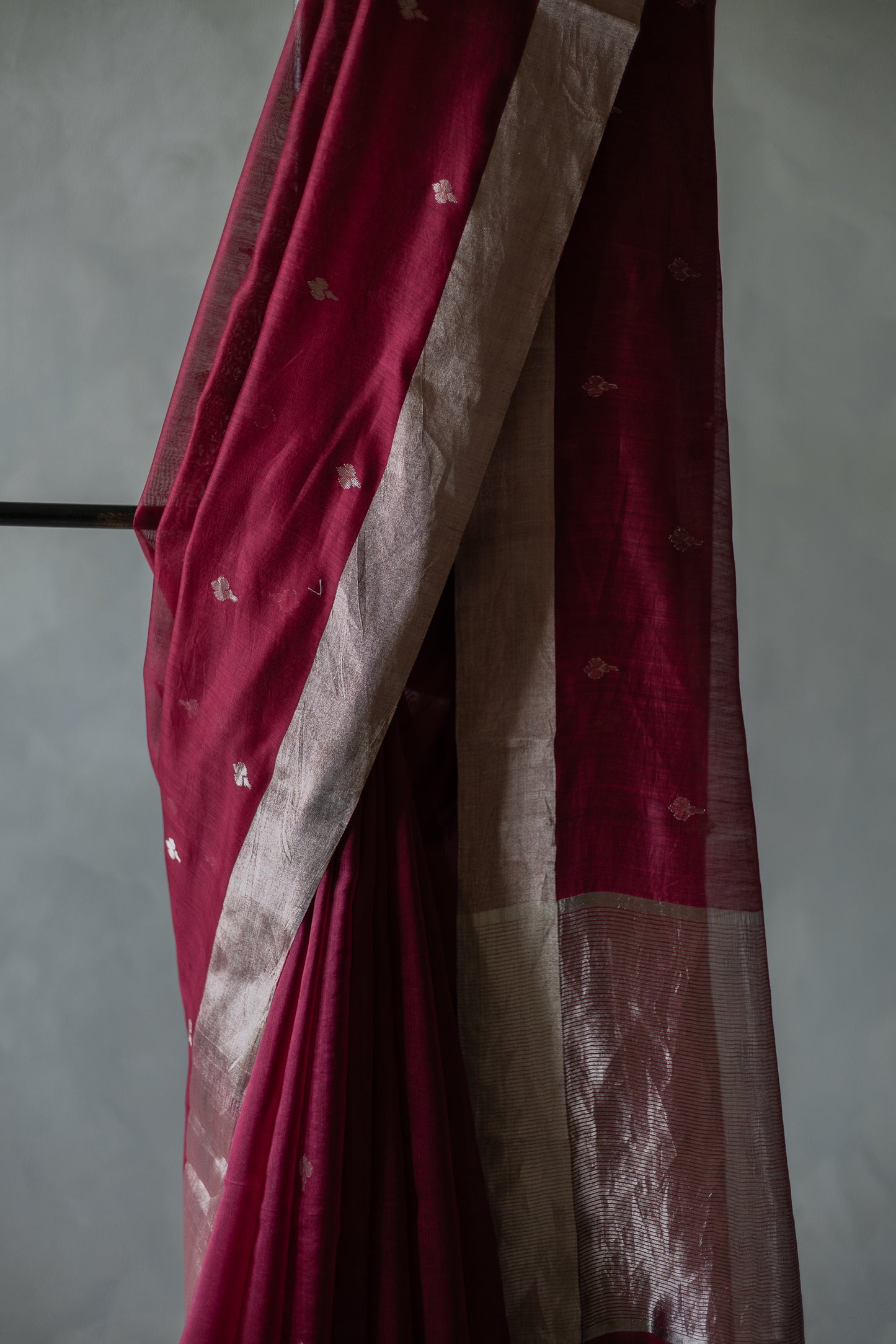 Maroon Organza Tissue with Silver Motif and Border Saree