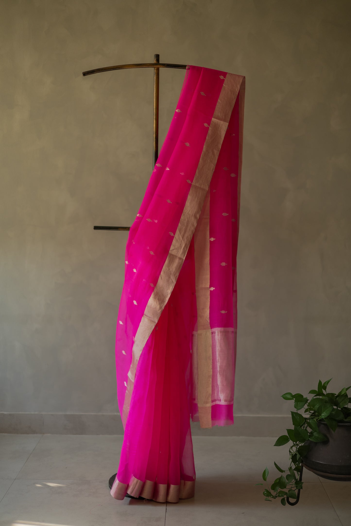 Hot Pink Organza Tissue with Silver Motif and Border Saree