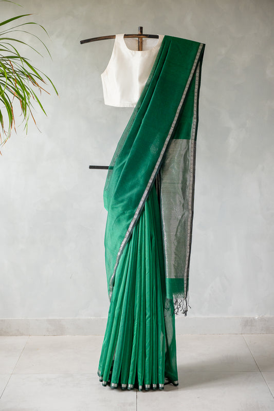 Emerald Green Silk Cotton Saree with Silver Zari Border