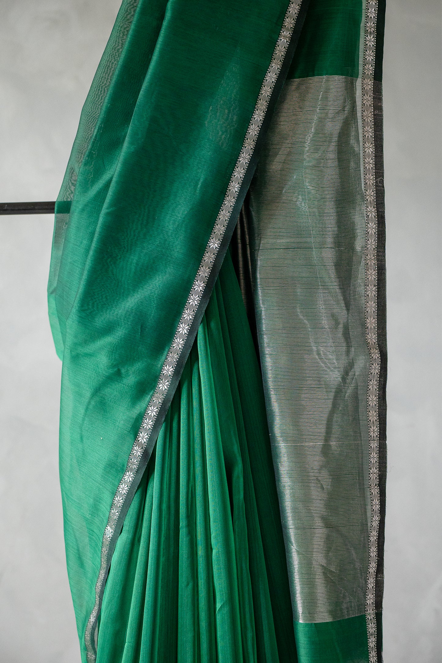 Emerald Green Silk Cotton Saree with Silver Zari Border