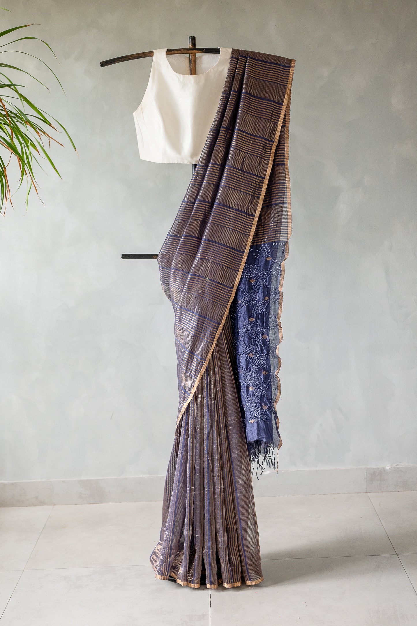 Indigo Blue Striped Silk by Cotton Saree with Bandhani-Inspired Pallu