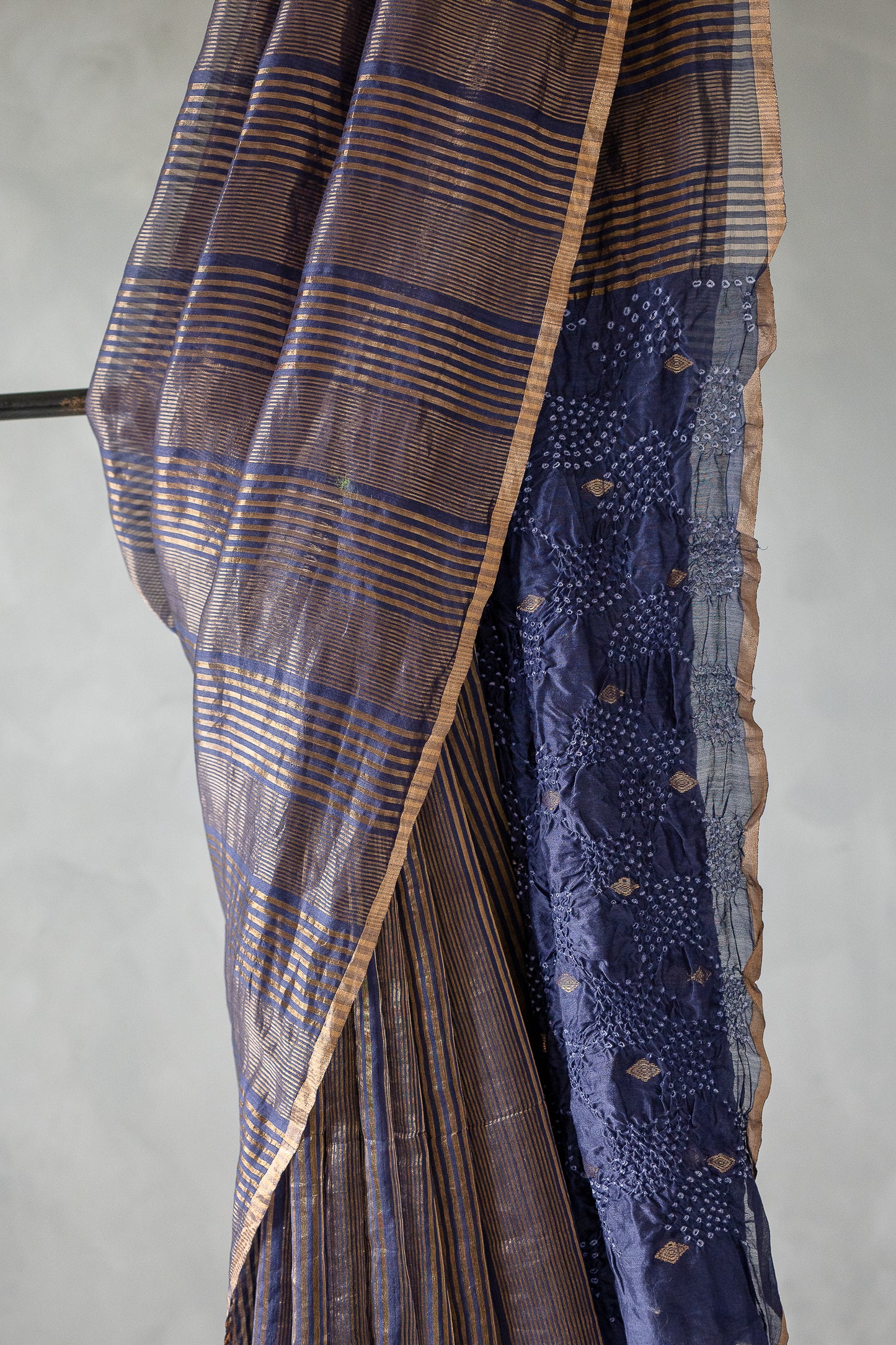 Indigo Blue Striped Silk by Cotton Saree with Bandhani-Inspired Pallu