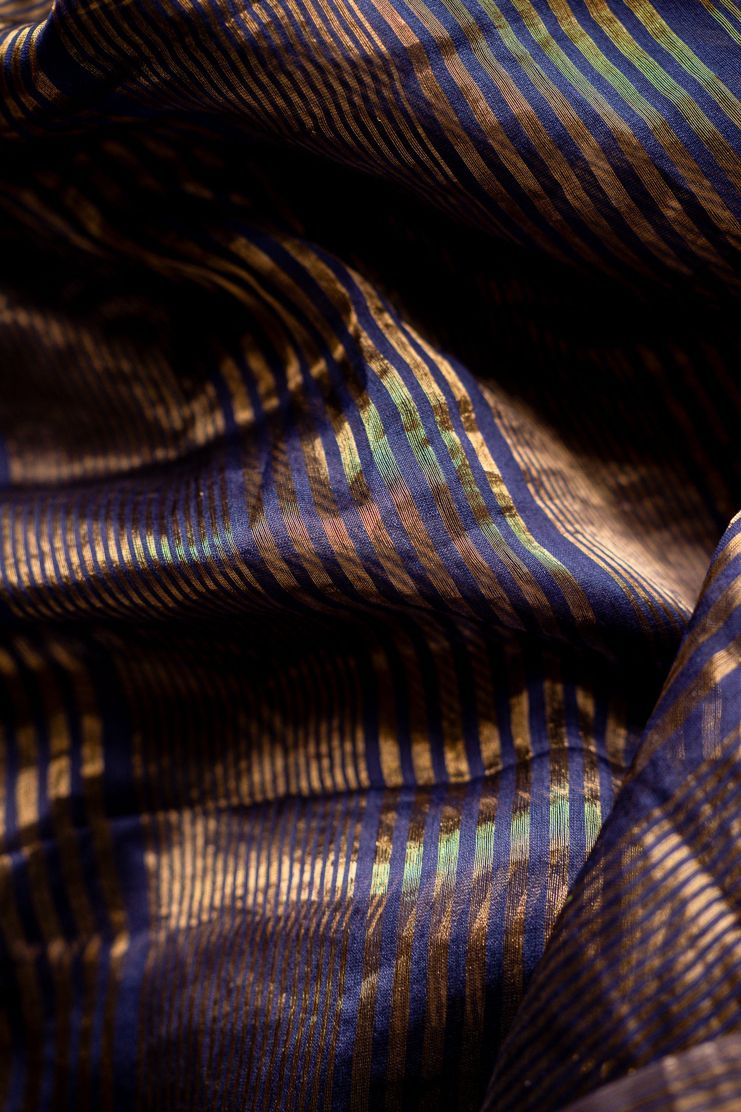Indigo Blue Striped Silk by Cotton Saree with Bandhani-Inspired Pallu