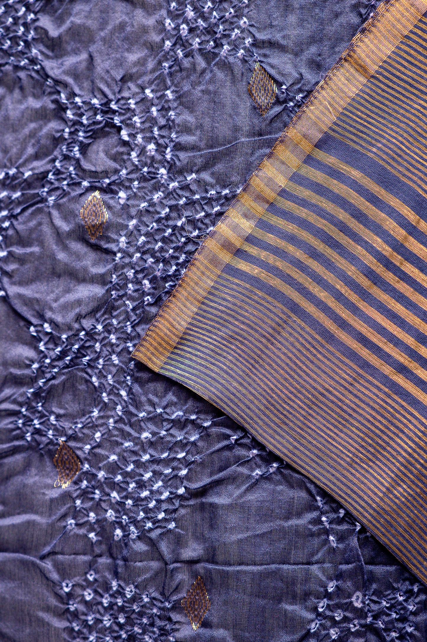 Indigo Blue Striped Silk by Cotton Saree with Bandhani-Inspired Pallu