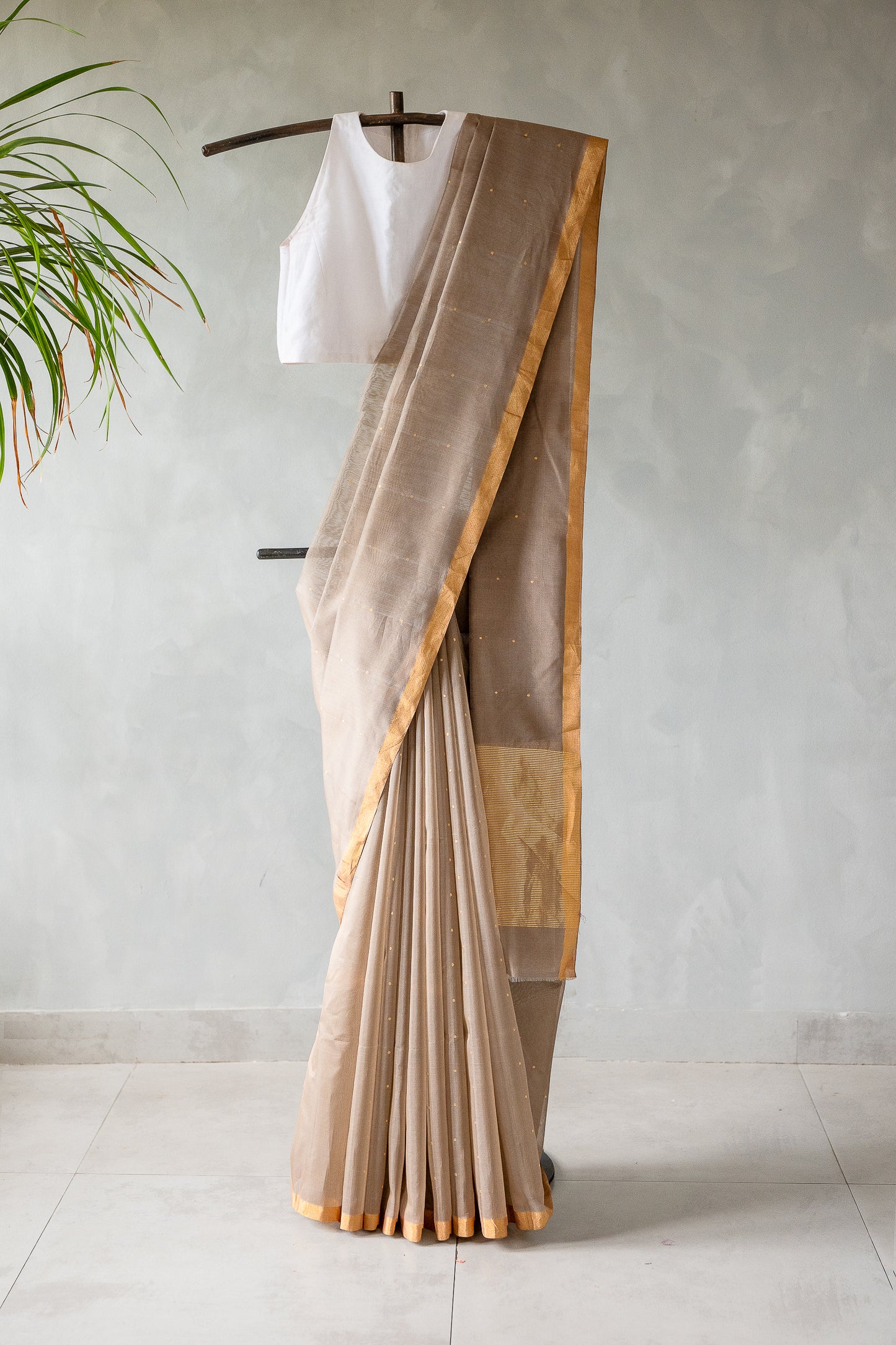 Beige Chanderi Silk Cotton Saree with Gold Zari Buttas
