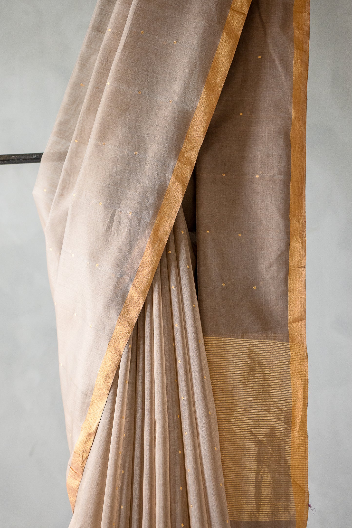 Beige Chanderi Silk Cotton Saree with Gold Zari Buttas