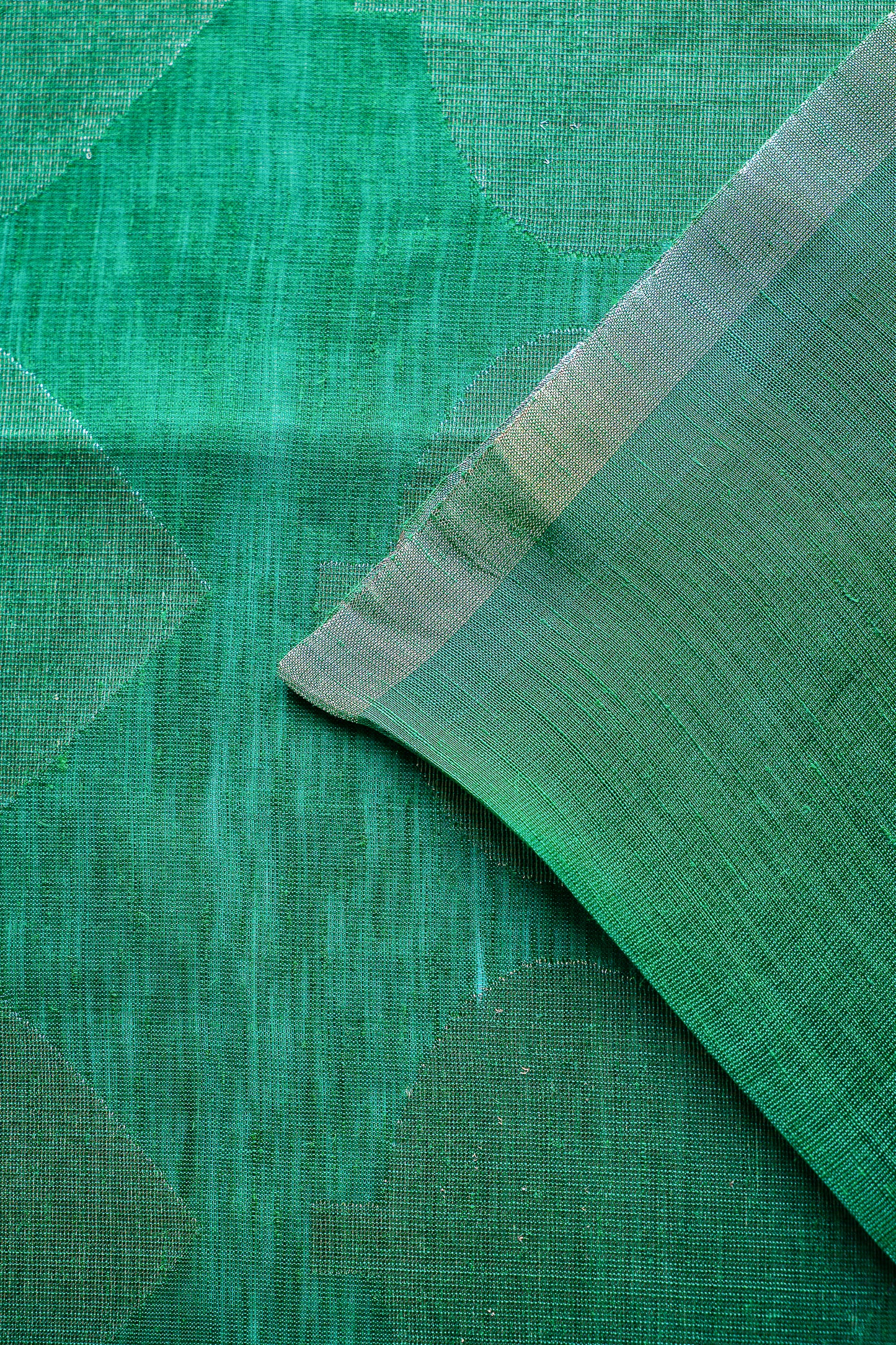 Emerald Green Linen by Silk Saree with Silver Zari Border