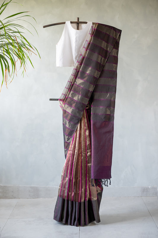 Charcoal Grey Tissue Silk Cotton Saree with Metallic Gold and Metallic Magenta Stripes