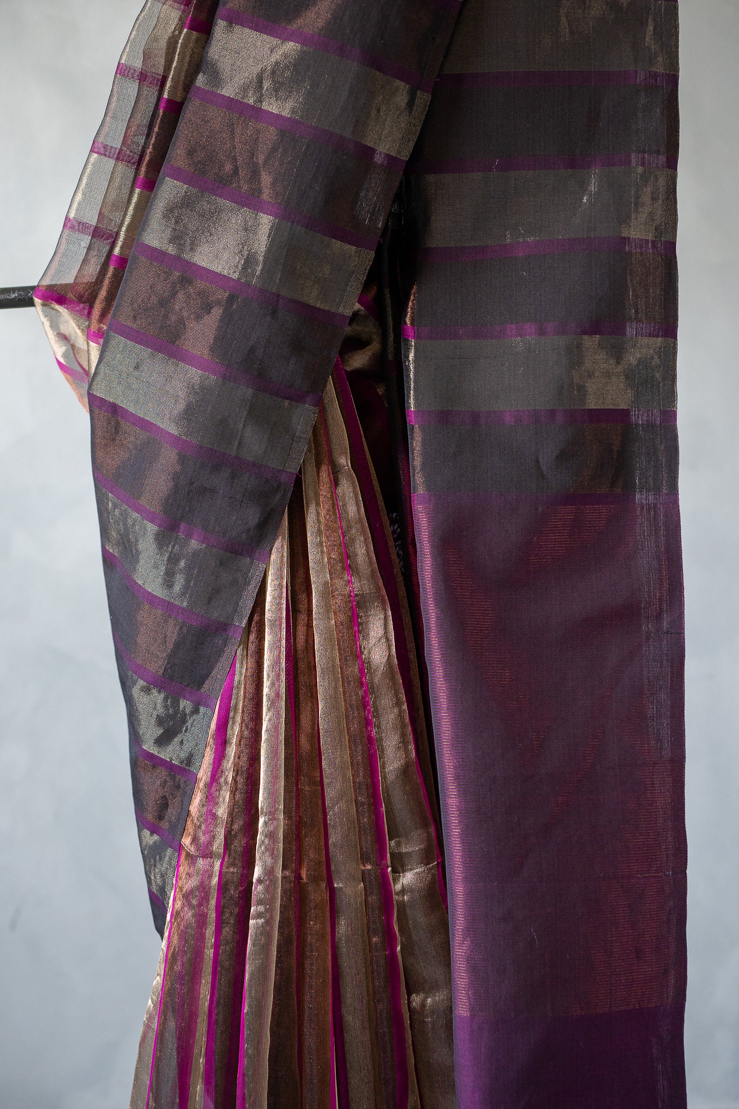 Charcoal Grey Tissue Silk Cotton Saree with Metallic Gold and Metallic Magenta Stripes