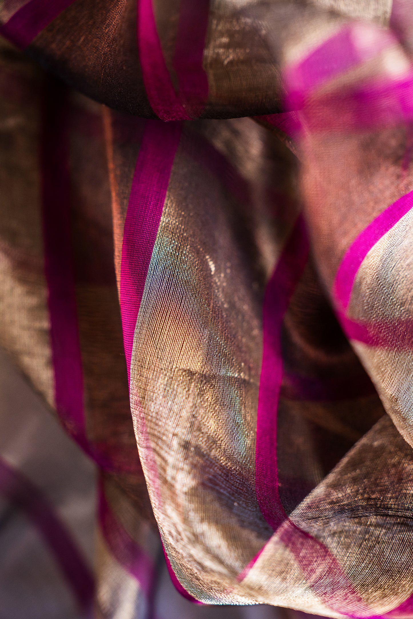 Charcoal Grey Tissue Silk Cotton Saree with Metallic Gold and Metallic Magenta Stripes