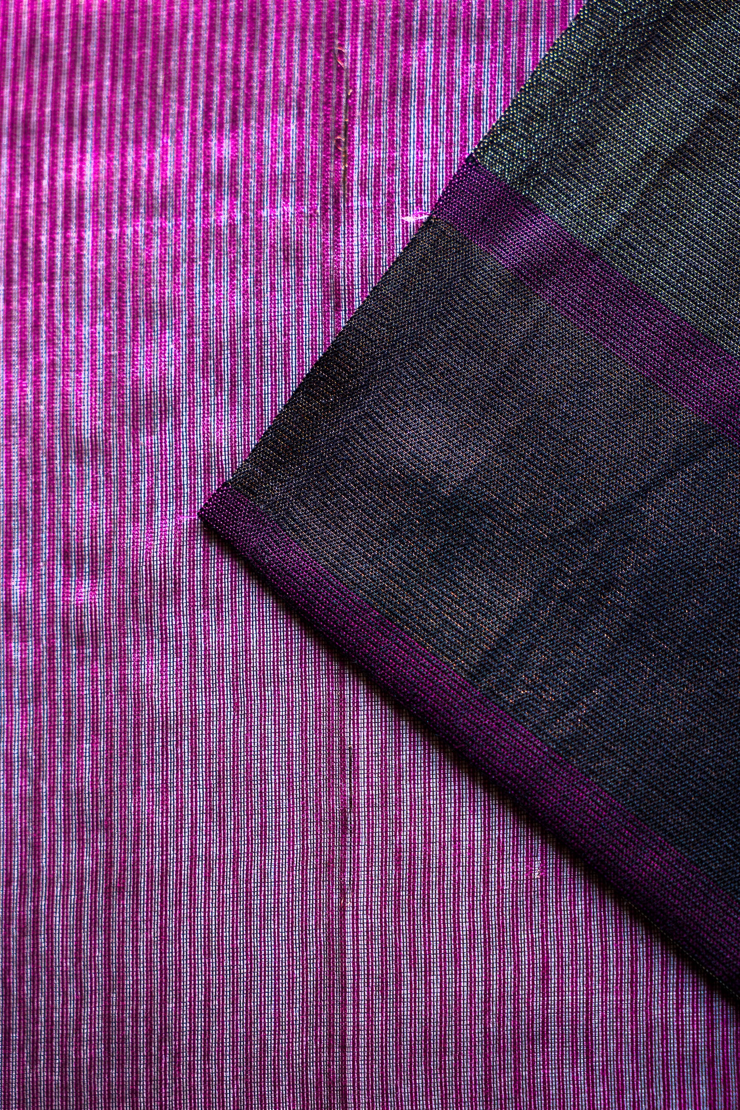 Charcoal Grey Tissue Silk Cotton Saree with Metallic Gold and Metallic Magenta Stripes