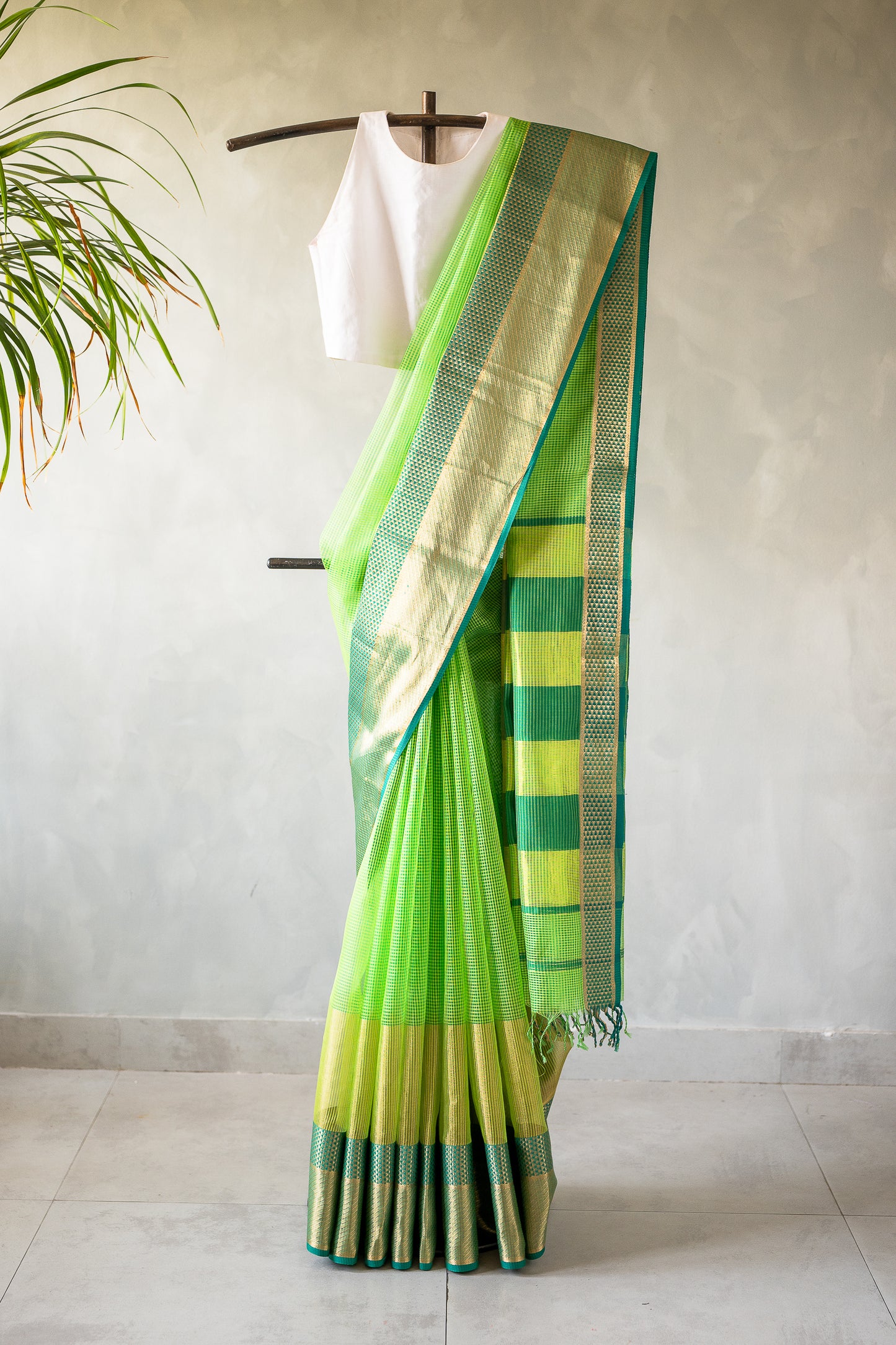 Parrot Green Chanderi Silk by Cotton Saree with Dual-Tone Micro Checks