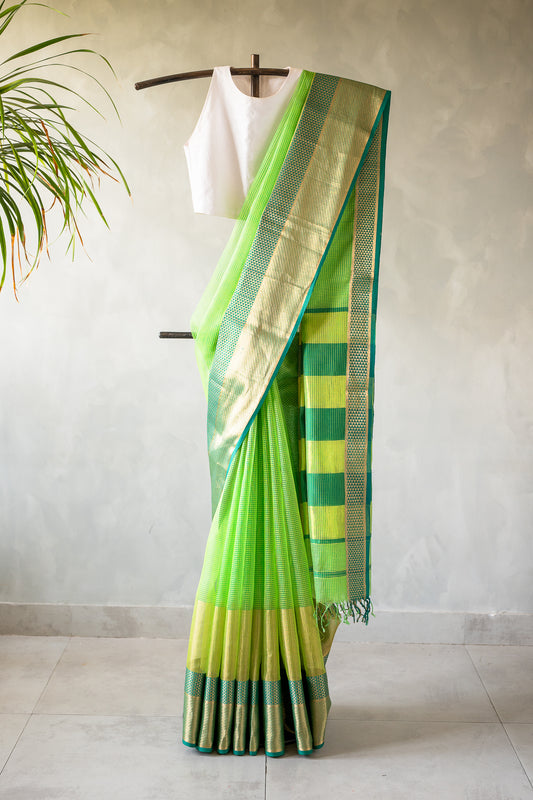 Parrot Green Chanderi Silk by Cotton Saree with Dual-Tone Micro Checks