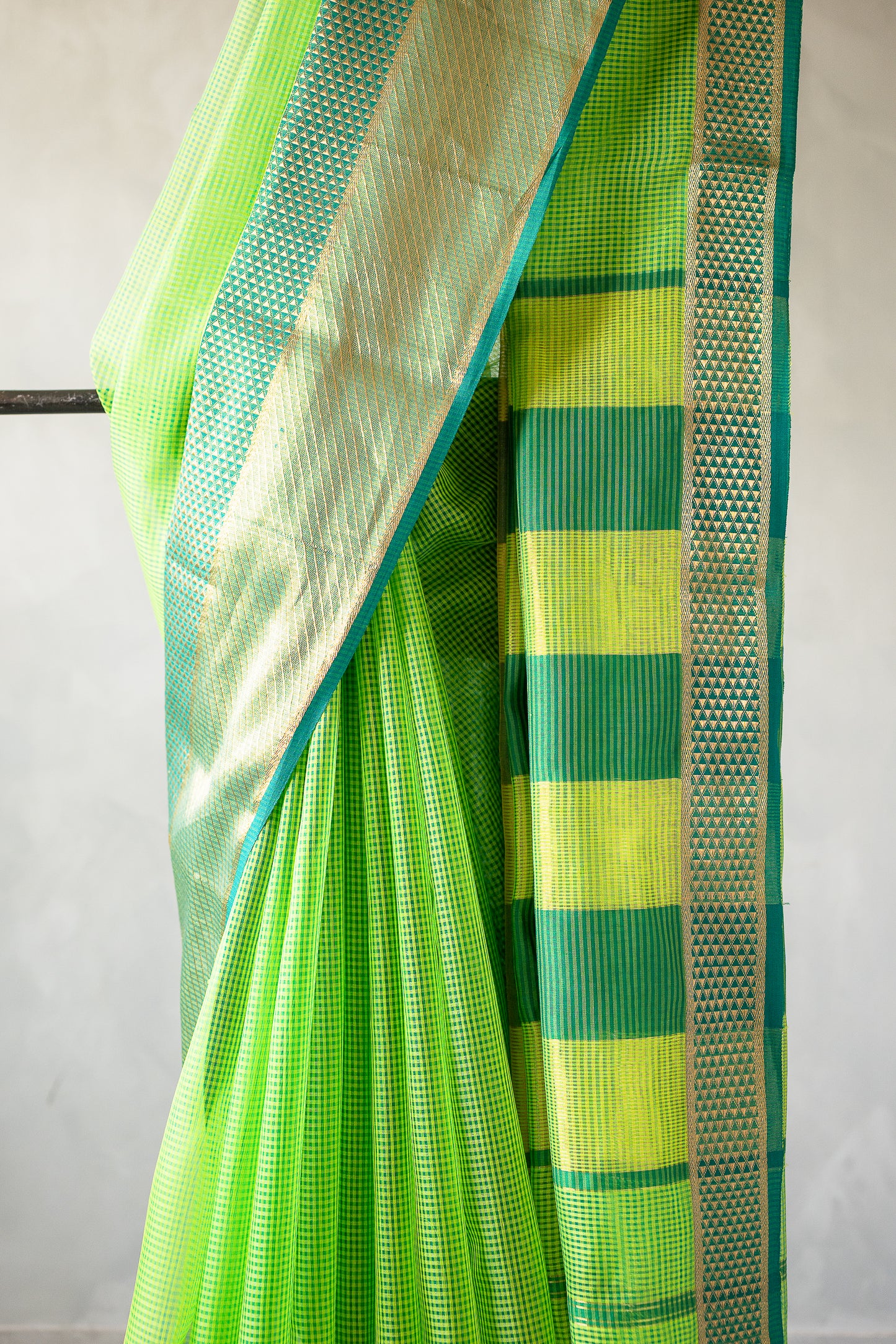 Parrot Green Chanderi Silk by Cotton Saree with Dual-Tone Micro Checks