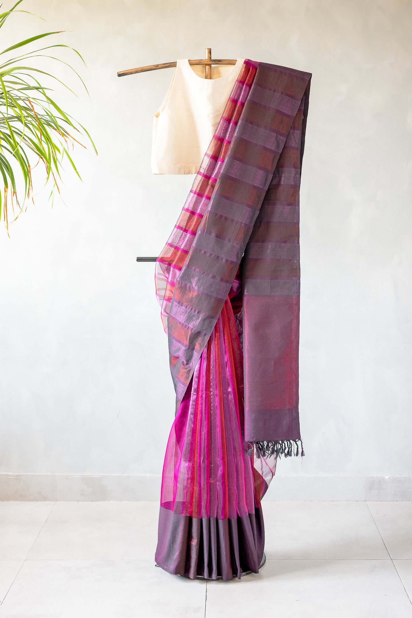 Metallic Pink & Magenta Striped Tissue Silk Cotton Saree with Gold Tissue Weave and Charcoal Grey Border