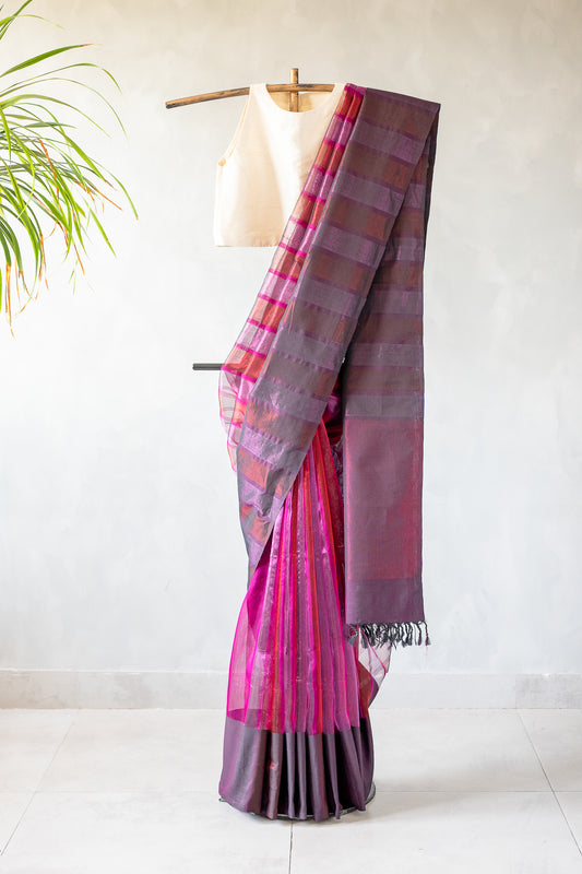 Metallic Pink & Magenta Striped Tissue Silk Cotton Saree with Gold Tissue Weave and Charcoal Grey Border
