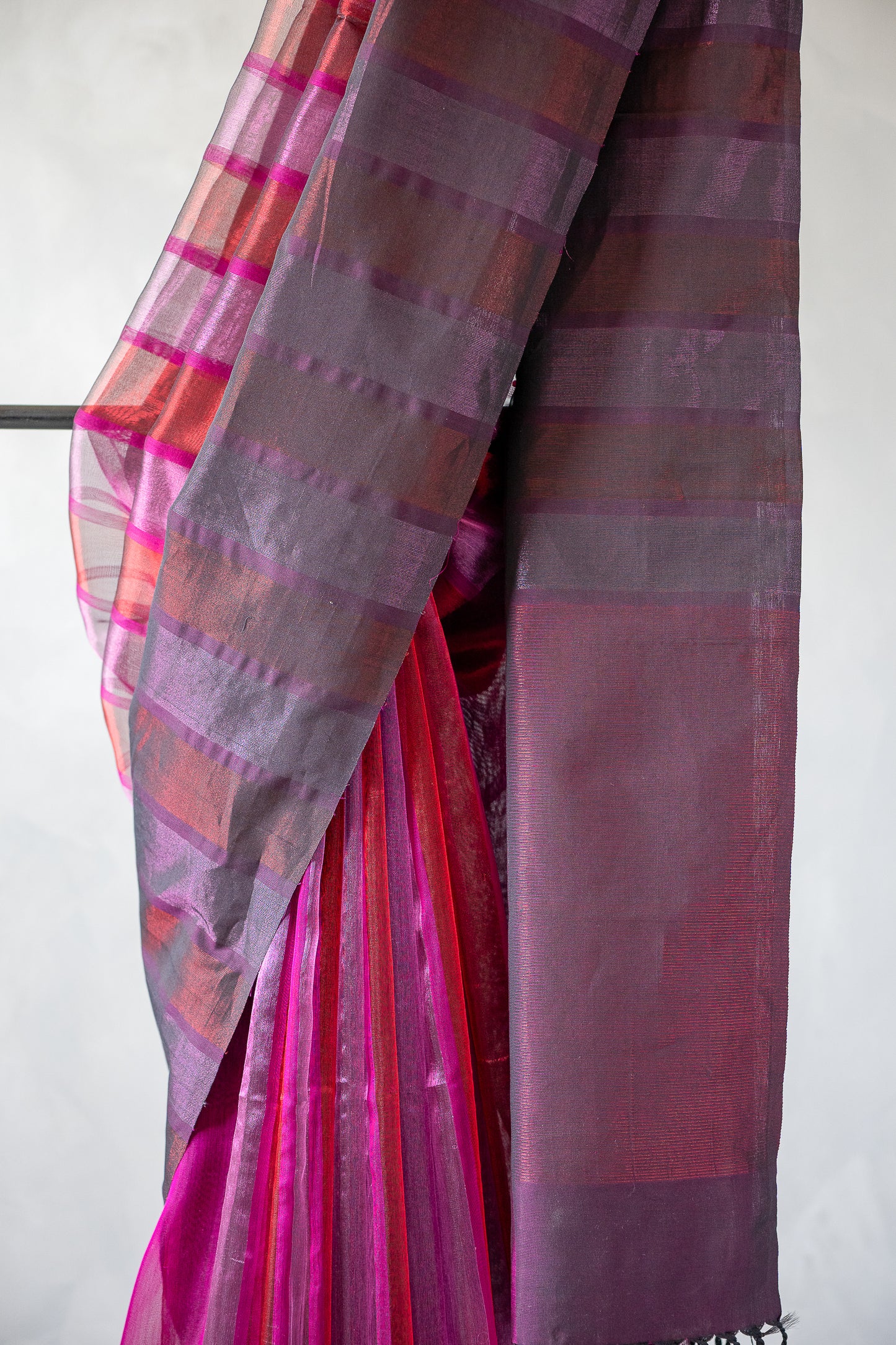 Metallic Pink & Magenta Striped Tissue Silk Cotton Saree with Gold Tissue Weave and Charcoal Grey Border