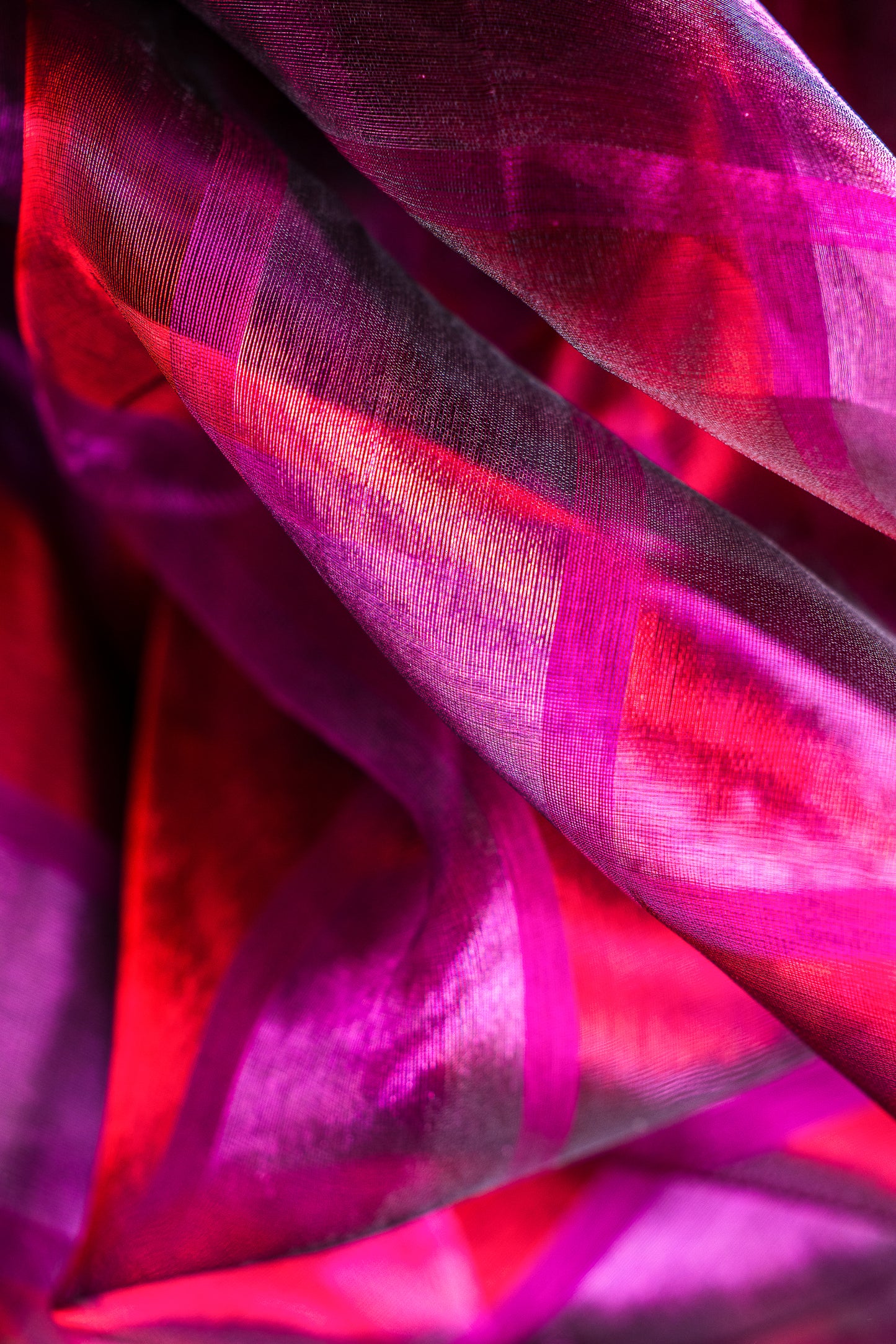 Metallic Pink & Magenta Striped Tissue Silk Cotton Saree with Gold Tissue Weave and Charcoal Grey Border