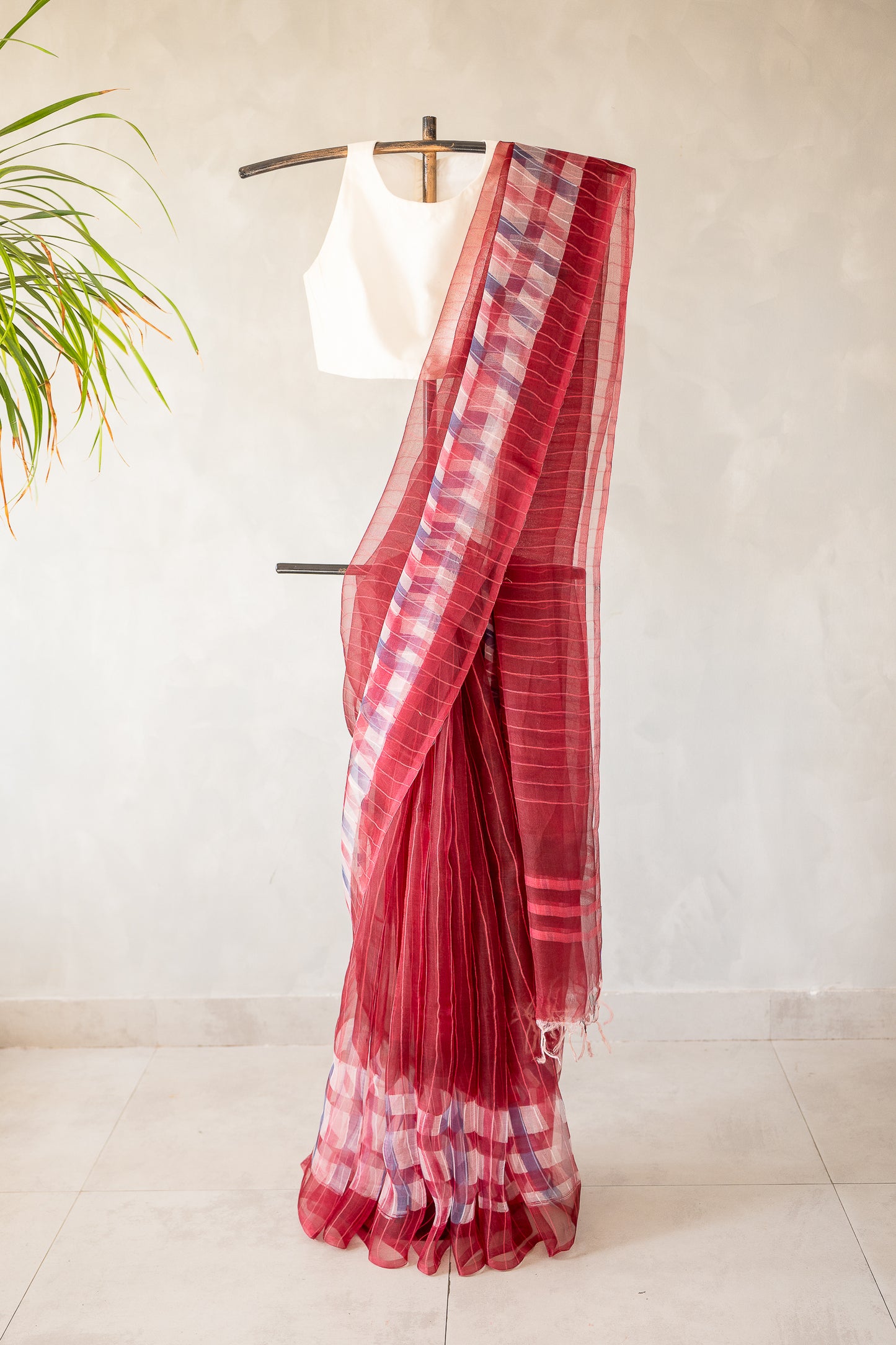 Ruby Red Organza Saree with Woven Stripes