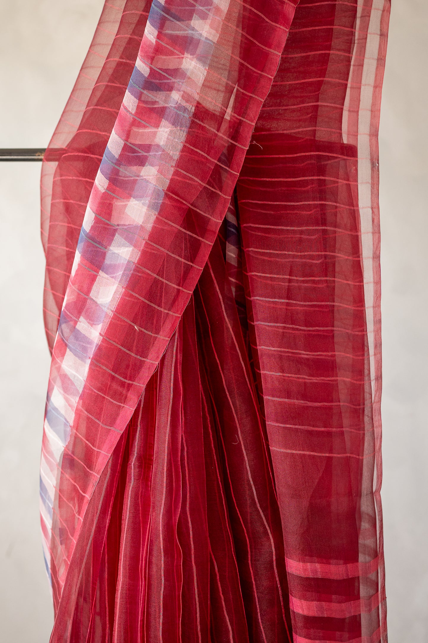 Ruby Red Organza Saree with Woven Stripes