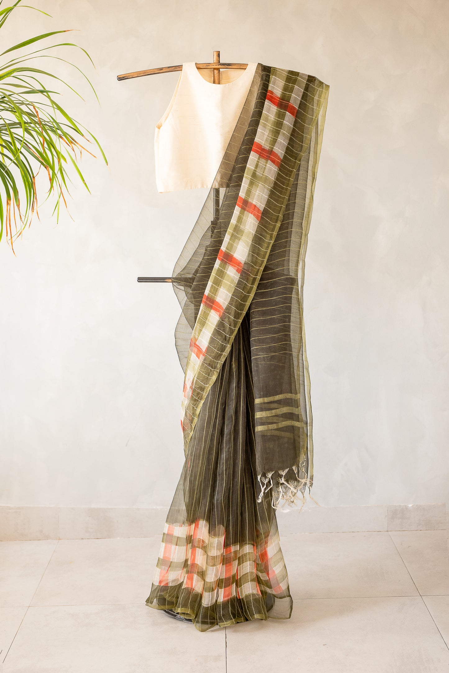 Olive Green Organza Saree with Woven Stripes