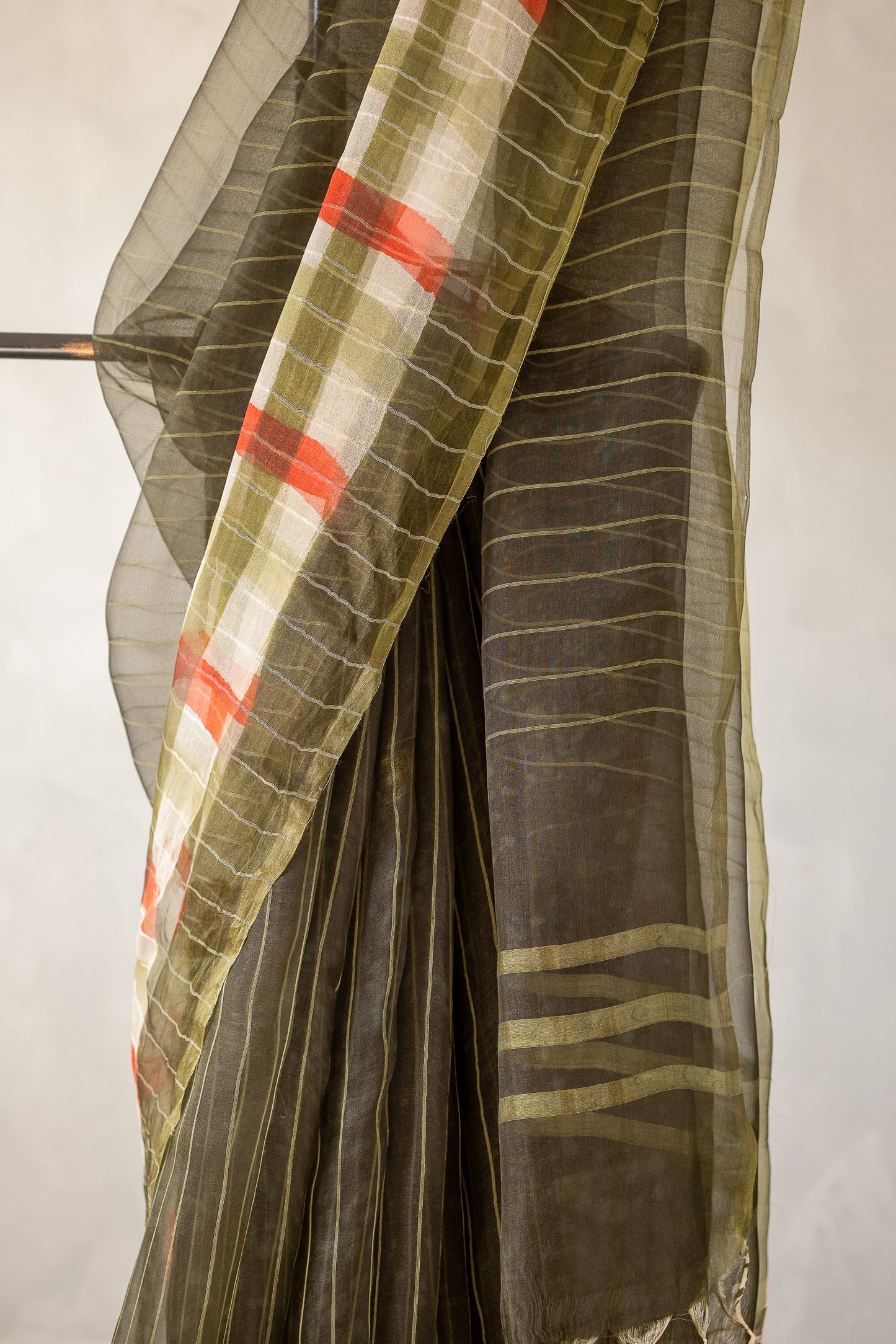 Olive Green Organza Saree with Woven Stripes