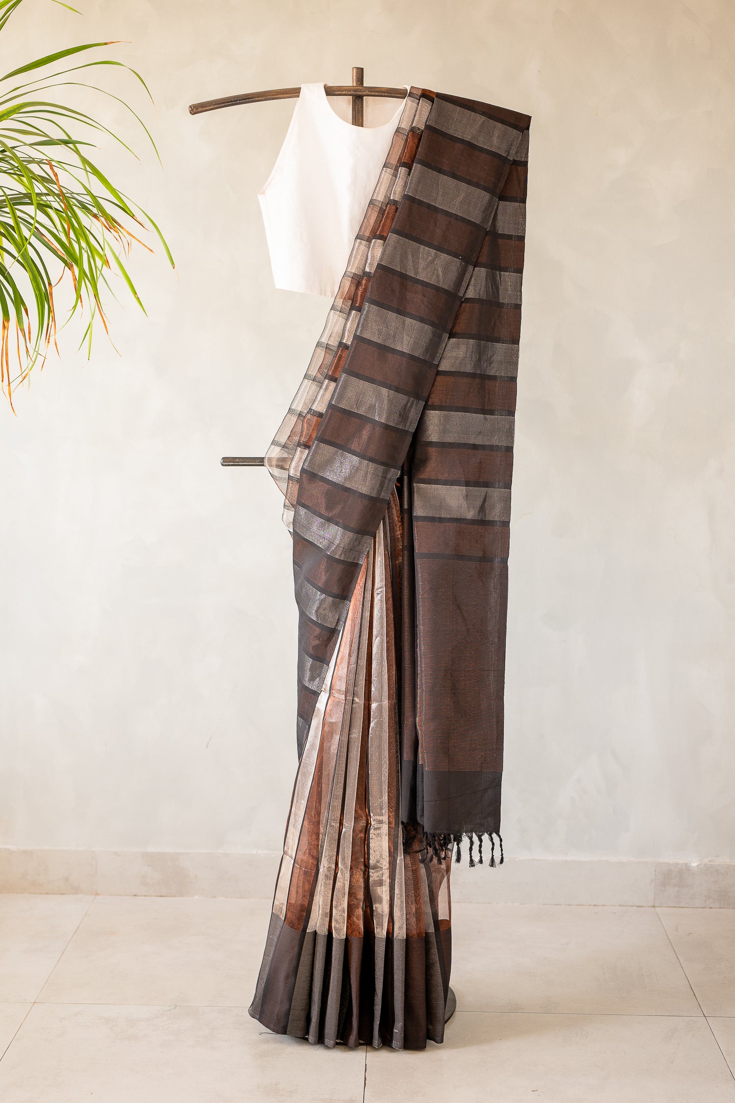 Charcoal Grey Tissue Silk Cotton Saree with Metallic copper and Metallic Silver Stripes