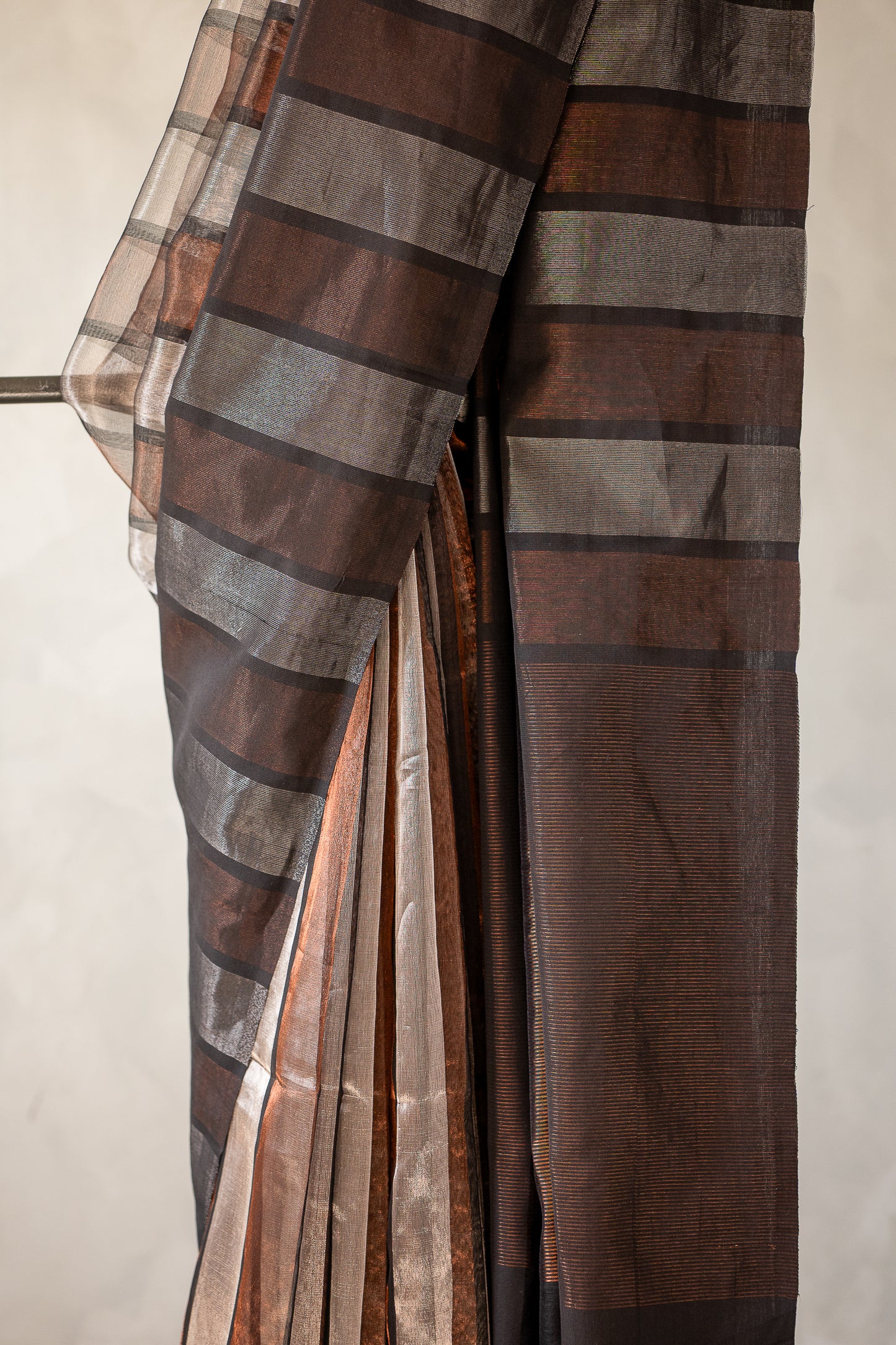 Charcoal Grey Tissue Silk Cotton Saree with Metallic copper and Metallic Silver Stripes