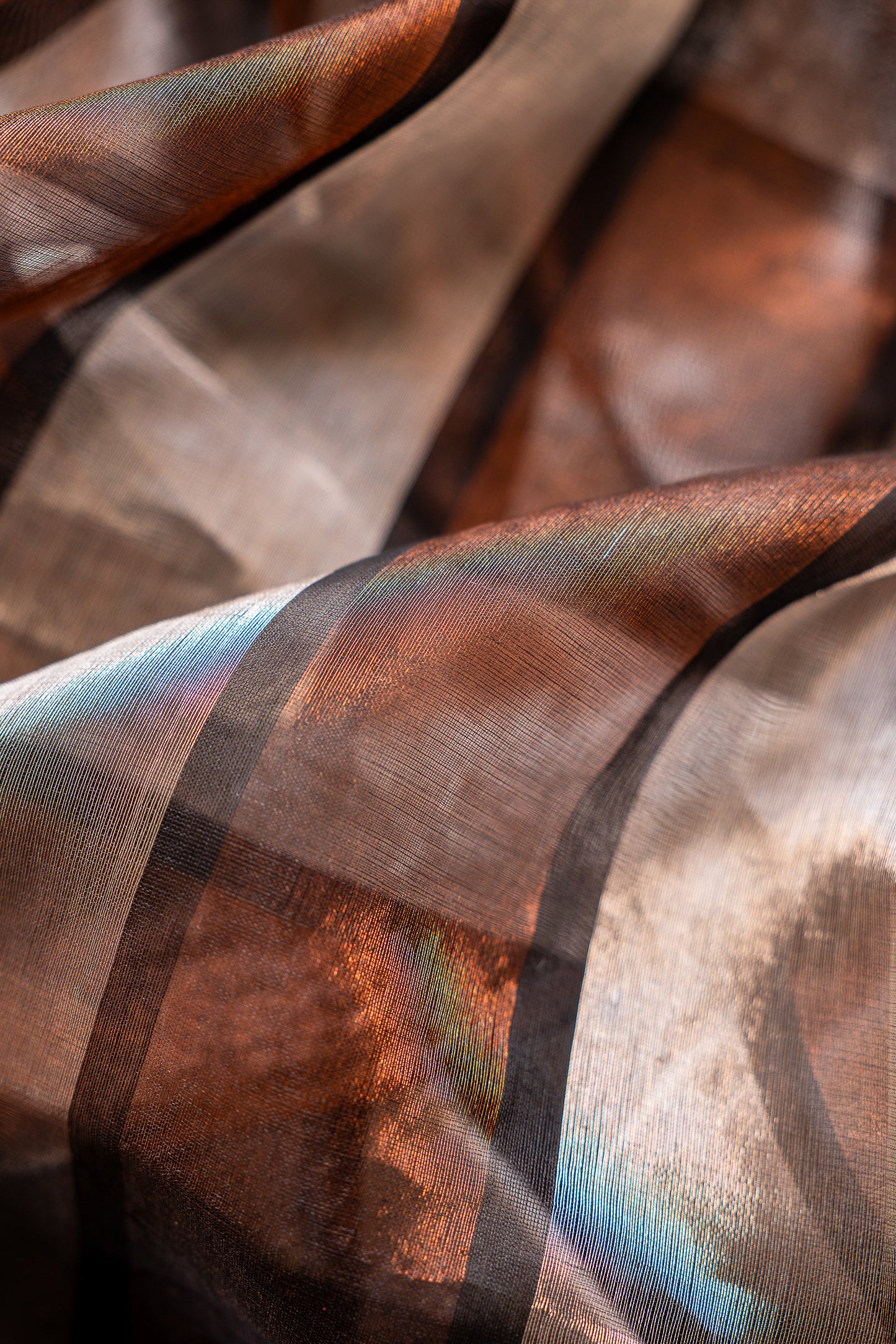 Charcoal Grey Tissue Silk Cotton Saree with Metallic copper and Metallic Silver Stripes