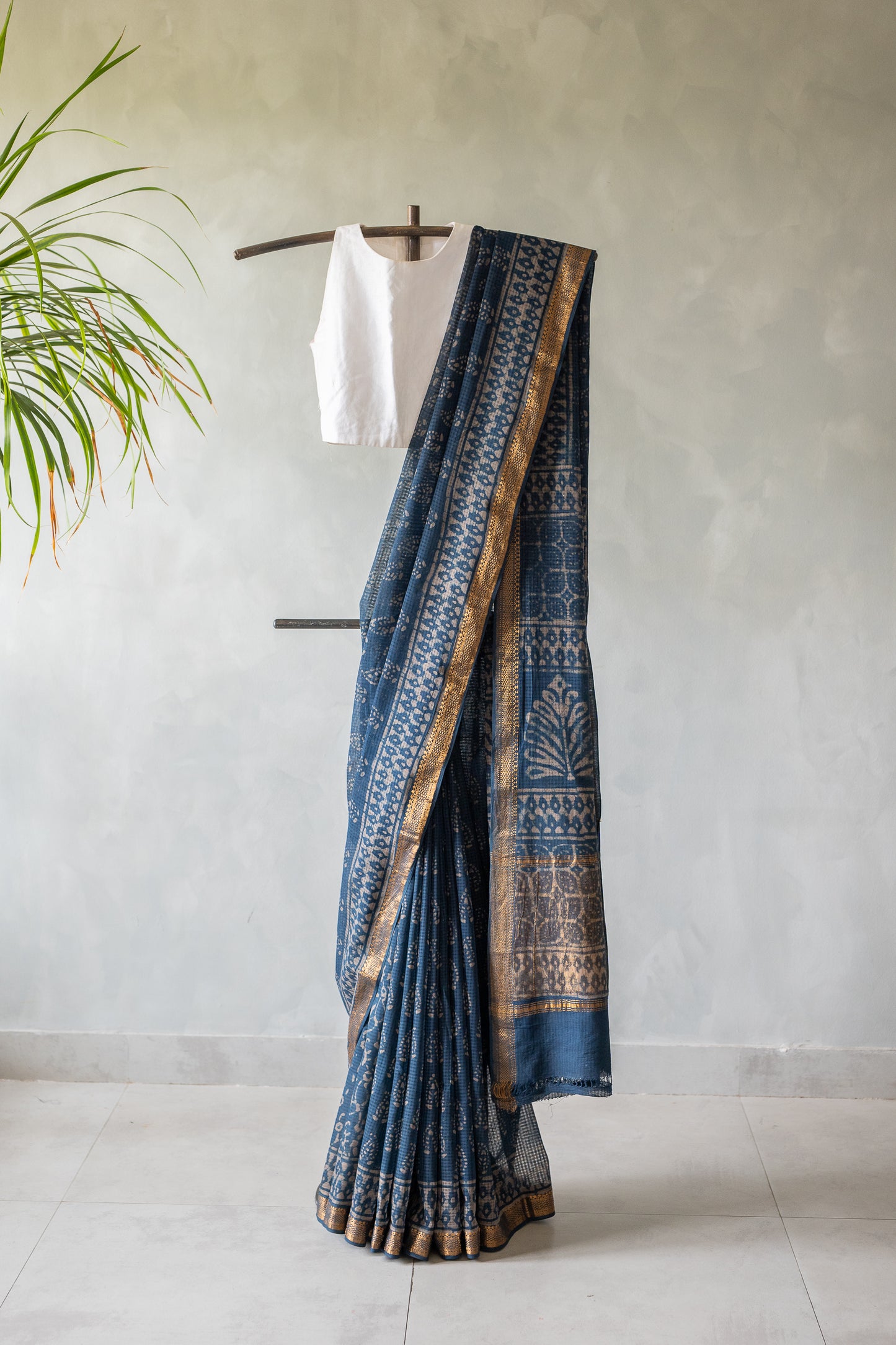 Dusty Steel Blue Mangalagiri Cotton Saree Featuring an All Over Dabu Print