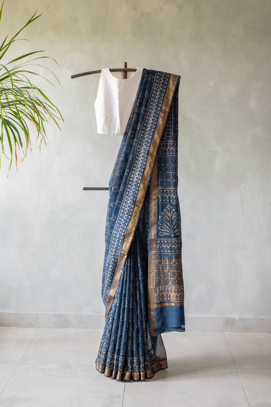 Dusty Steel Blue Mangalagiri Cotton Saree Featuring an All Over Dabu Print