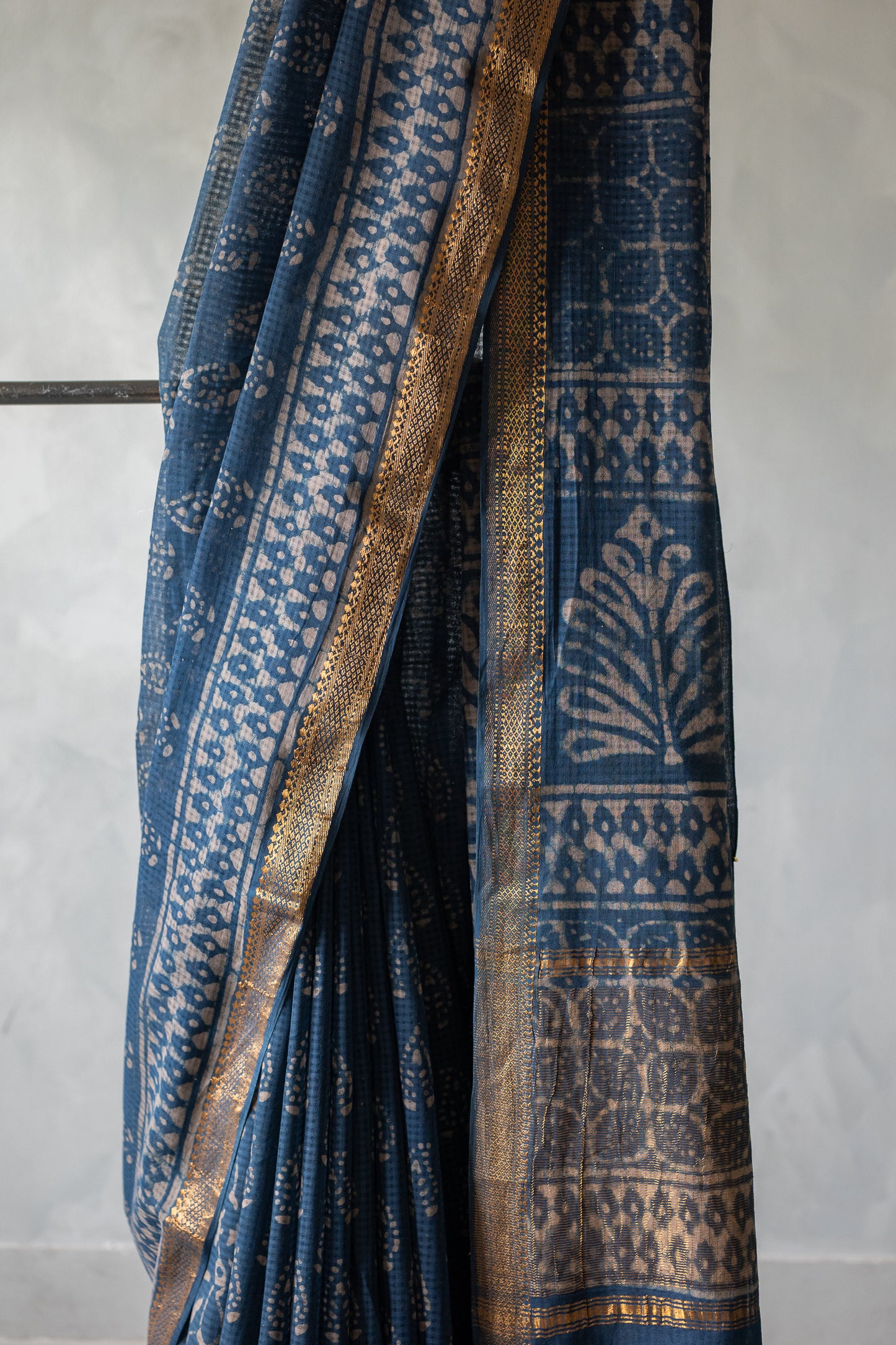 Dusty Steel Blue Mangalagiri Cotton Saree Featuring an All Over Dabu Print