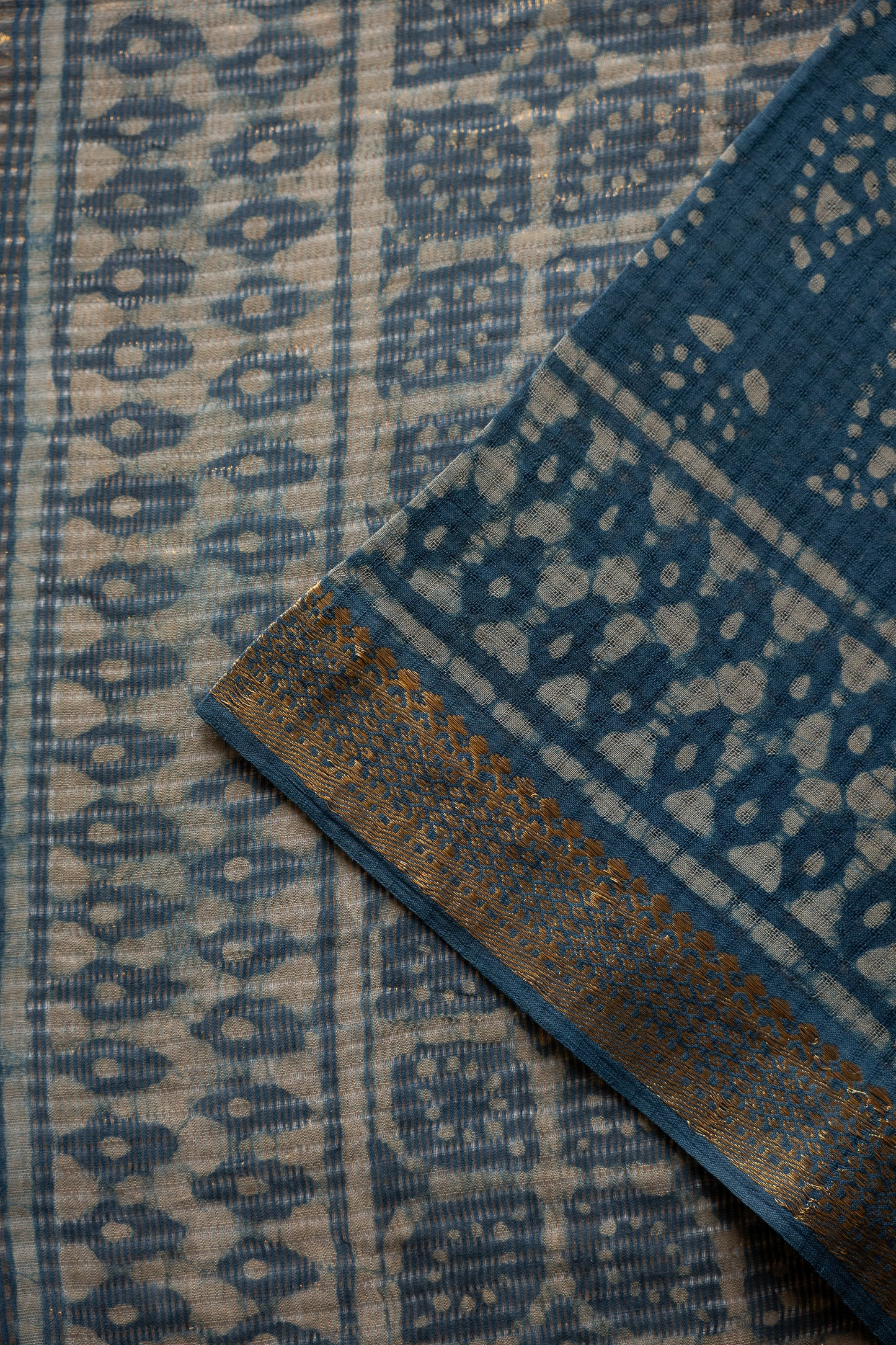 Dusty Steel Blue Mangalagiri Cotton Saree Featuring an All Over Dabu Print
