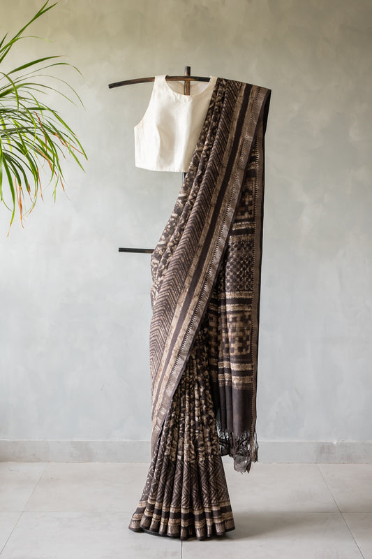 Deep Taupe Brown Mangalagiri Cotton Saree Featuring an All Over Dabu Print