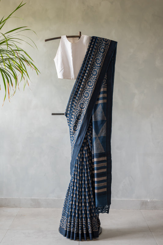 Muted Indigo Blue Mangalagiri Cotton Saree Featuring an All Over Dabu Print