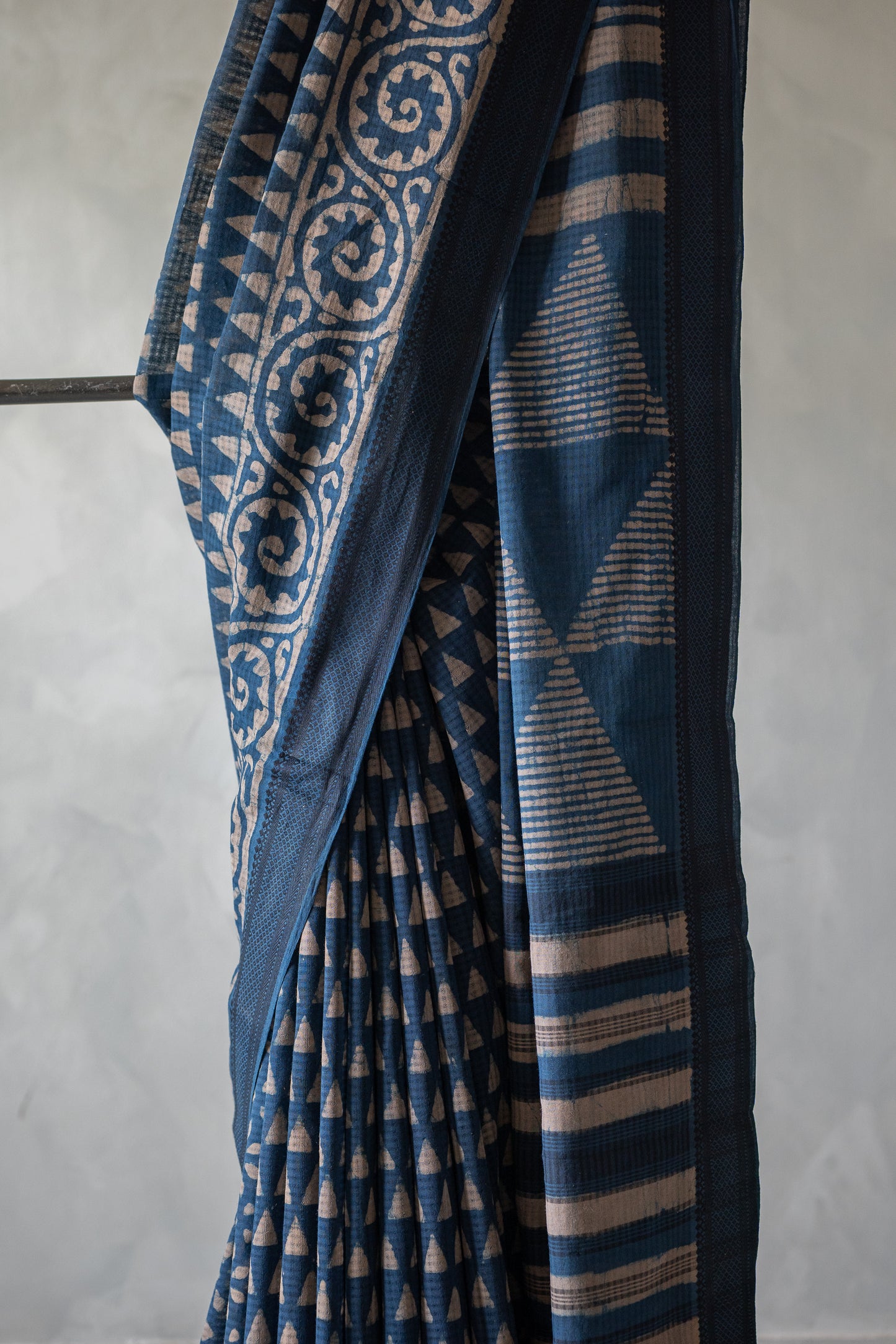 Muted Indigo Blue Mangalagiri Cotton Saree Featuring an All Over Dabu Print