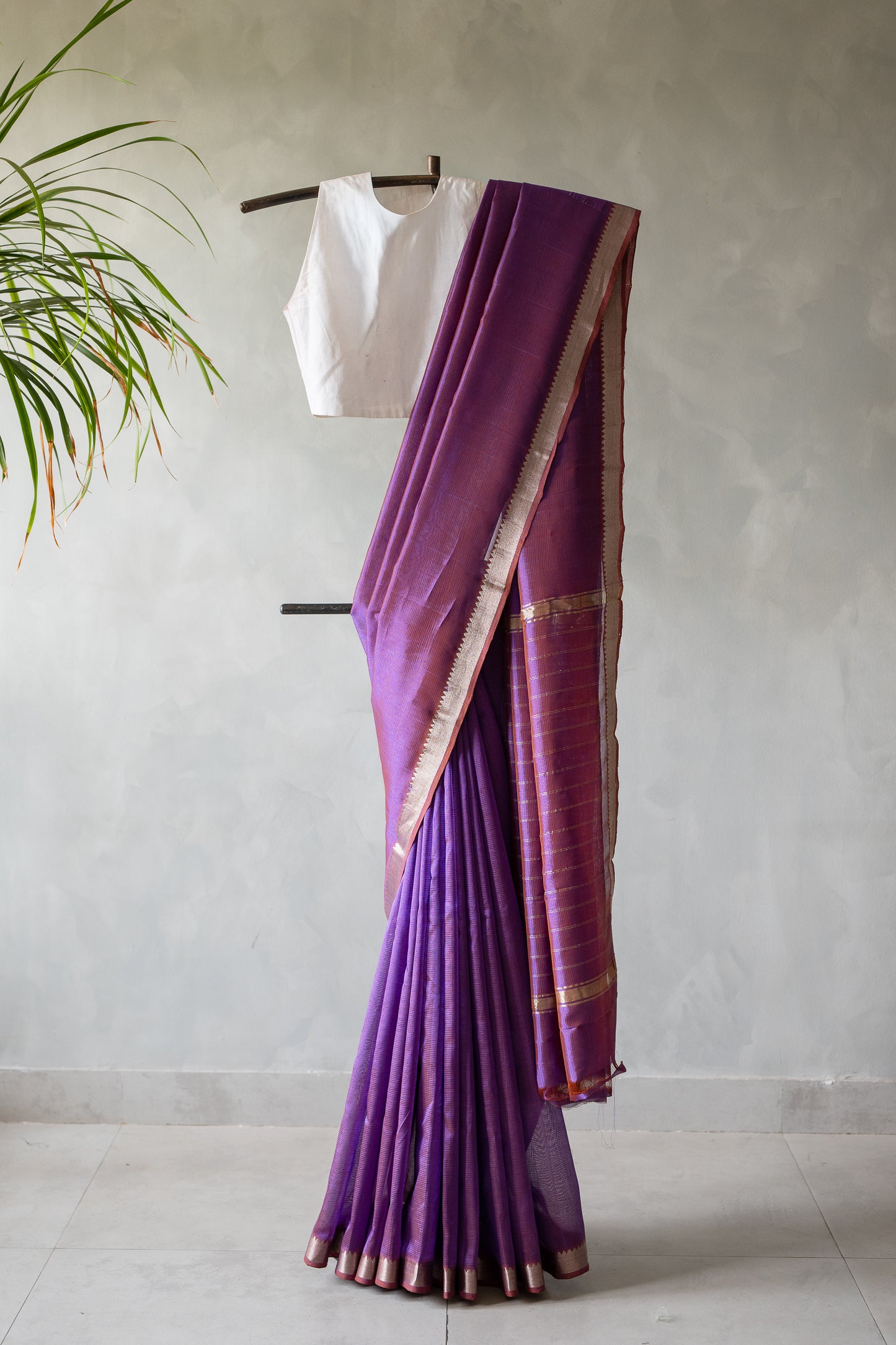 Royal Plum Mangalgiri Silk Cotton Saree with Silver Zari Border and Striped Pallu